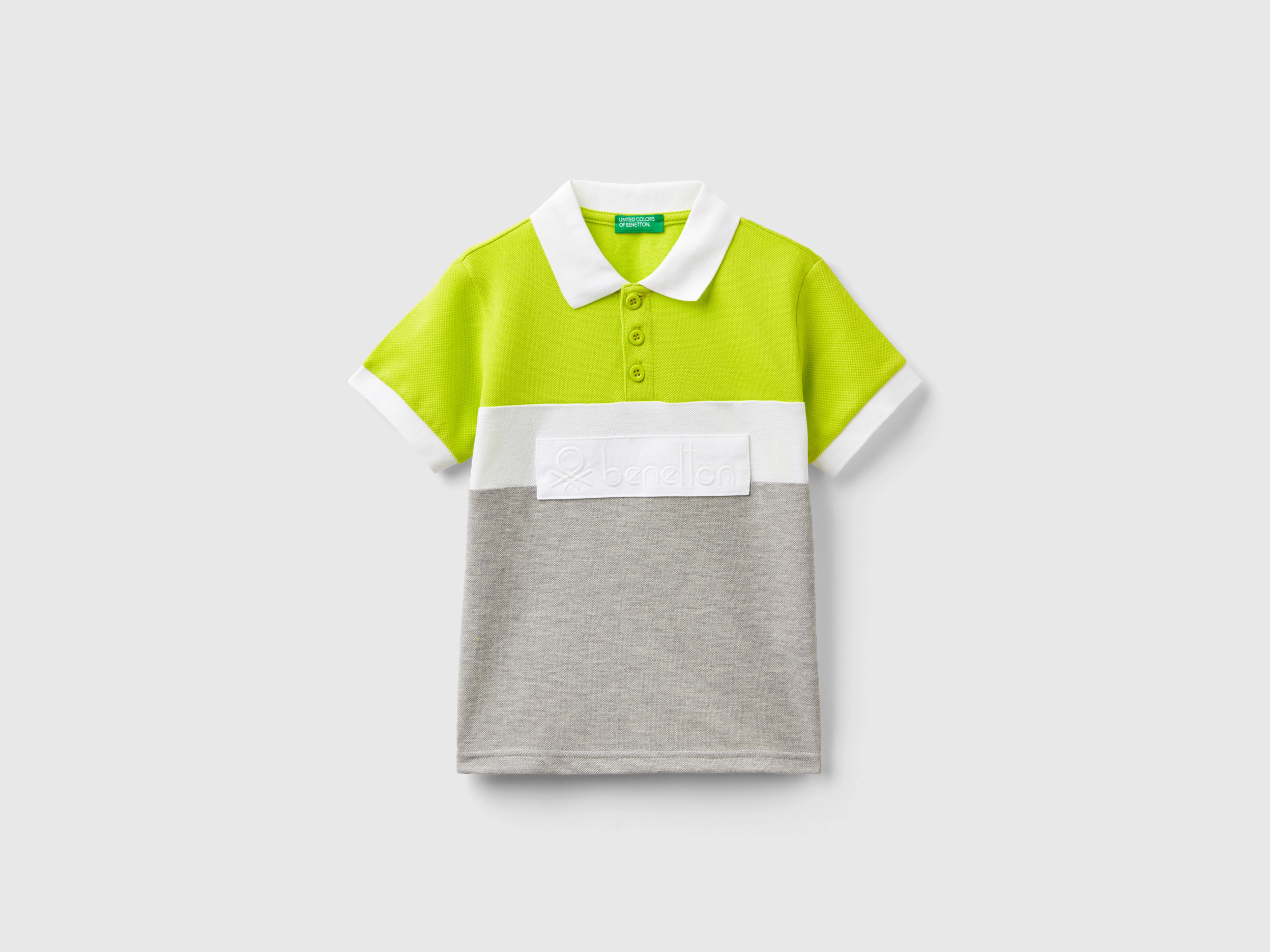 Image of Benetton, Color Block Polo Shirt With Patch, size 110, Lime, Kids