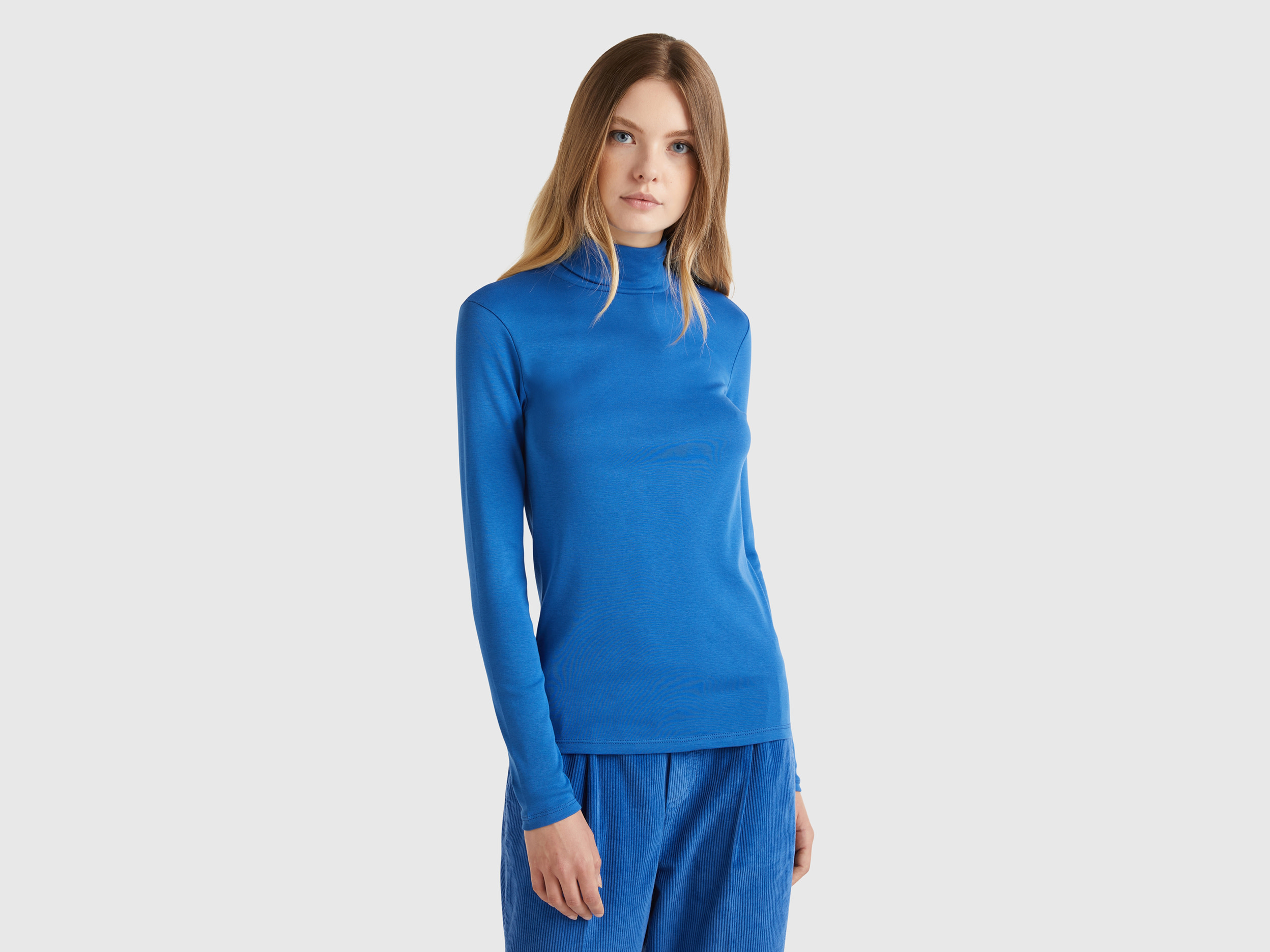 Benetton, T-shirt A Manica Lunga Con Collo Alto, Avio, Donna