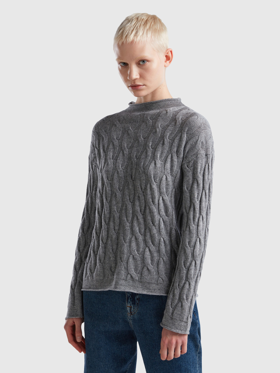 Benetton, Cable Knit Sweater, Light Gray, Women