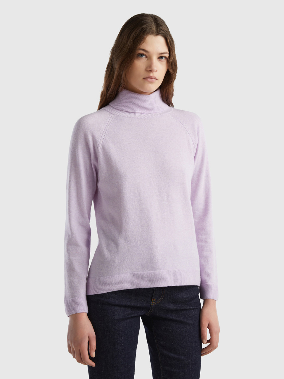 Benetton, Light Lilac Turtleneck Sweater In Cashmere And Wool Blend, Lilac, Women