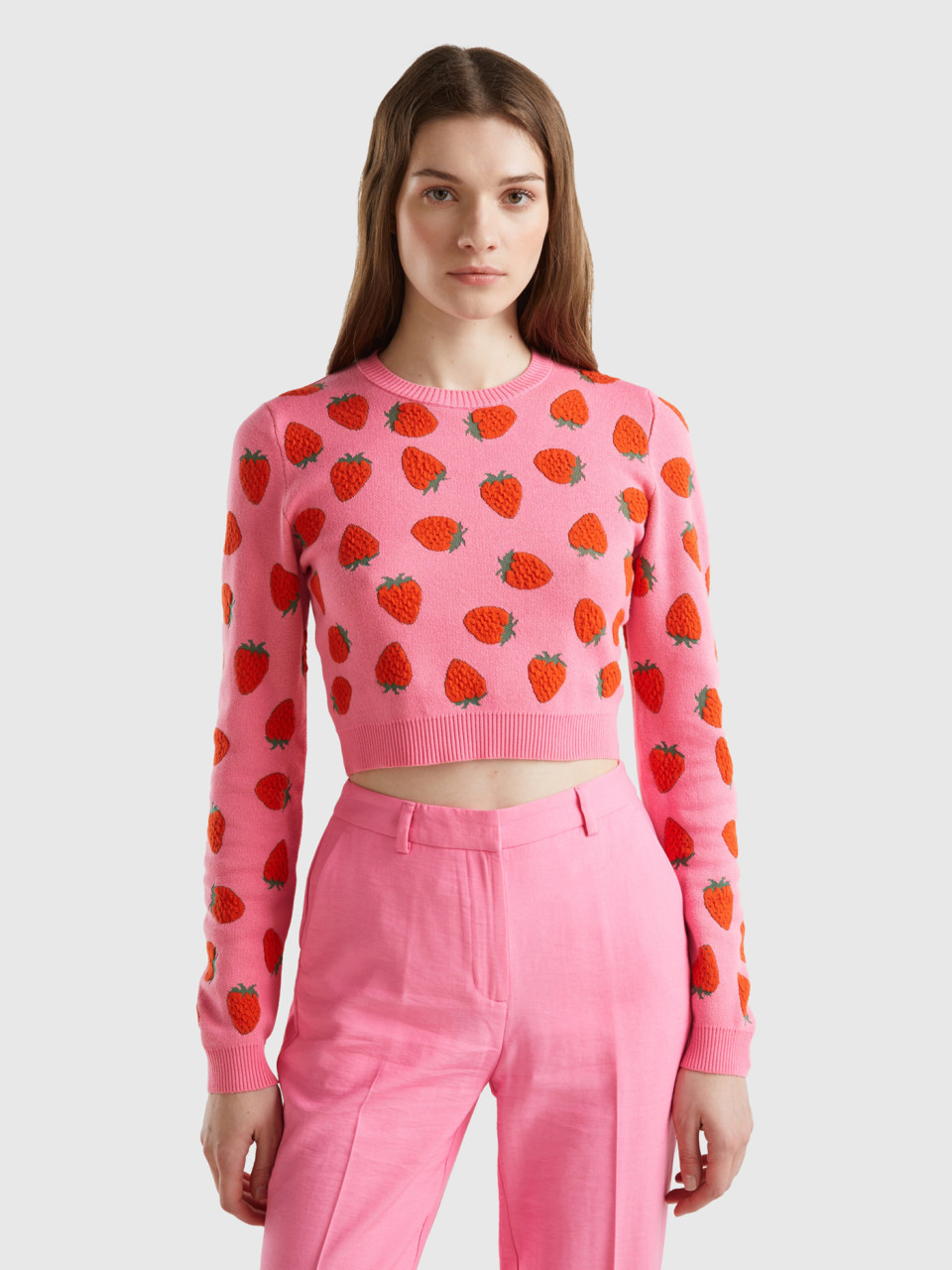 Benetton, Pink Cropped Sweater With Strawberry Pattern, Pink, Women