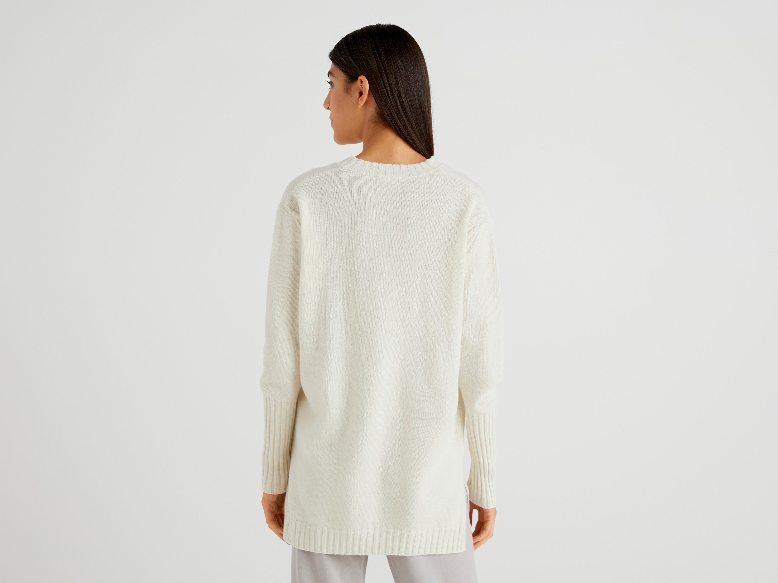 Benetton, V-Neck Sweater In Wool Blend, Taglia L-Xl, Creamy White, Women