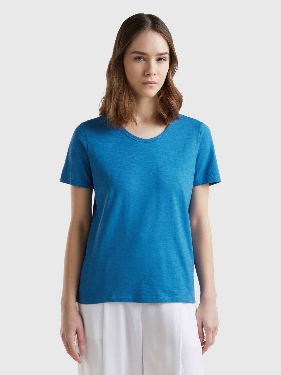 Benetton, T-shirt Manica Corta In Cotone Leggero, Blu, Donna