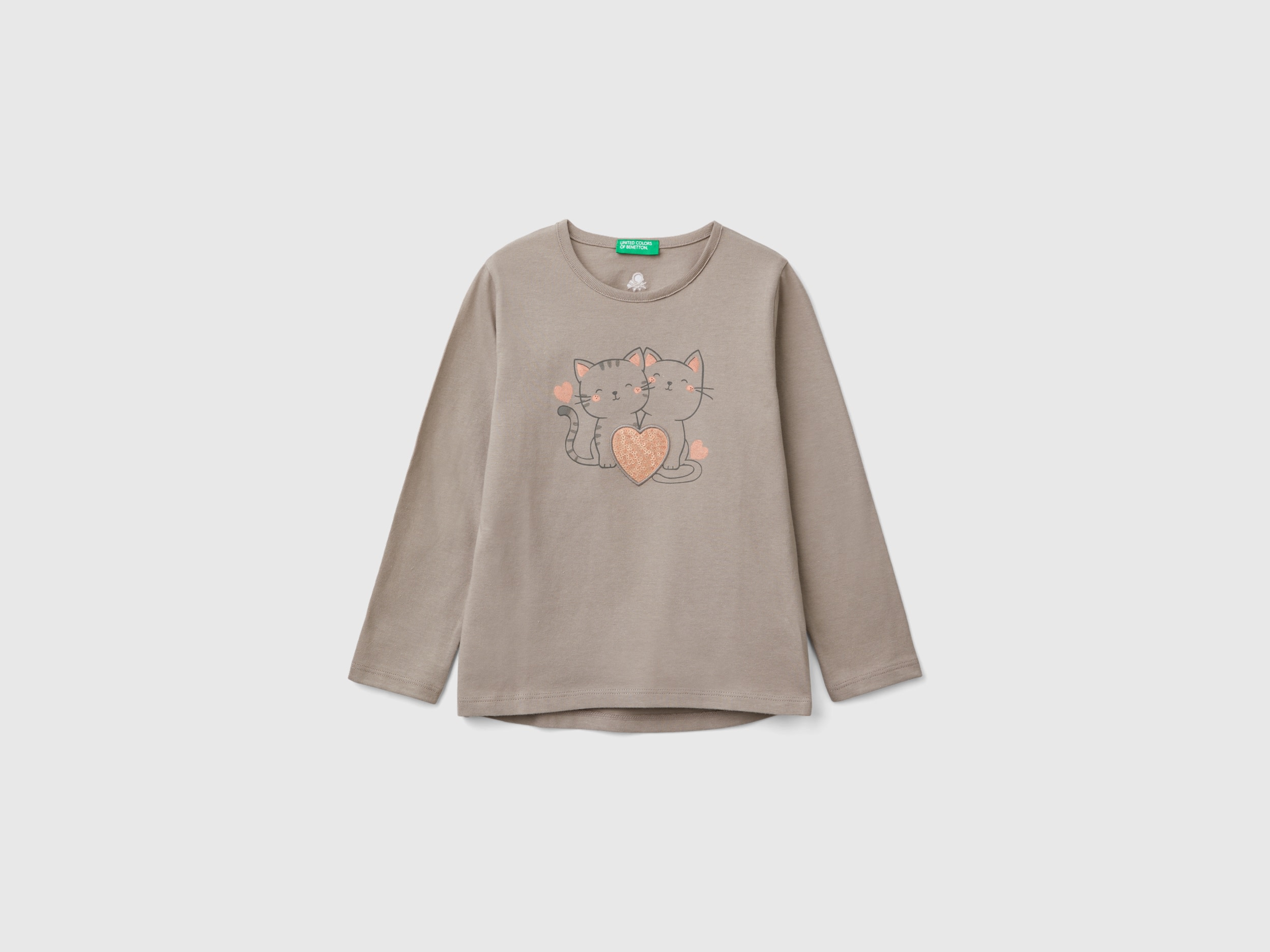 Benetton, T-shirt Con Stampa E Paillettes, Tortora, Bambini