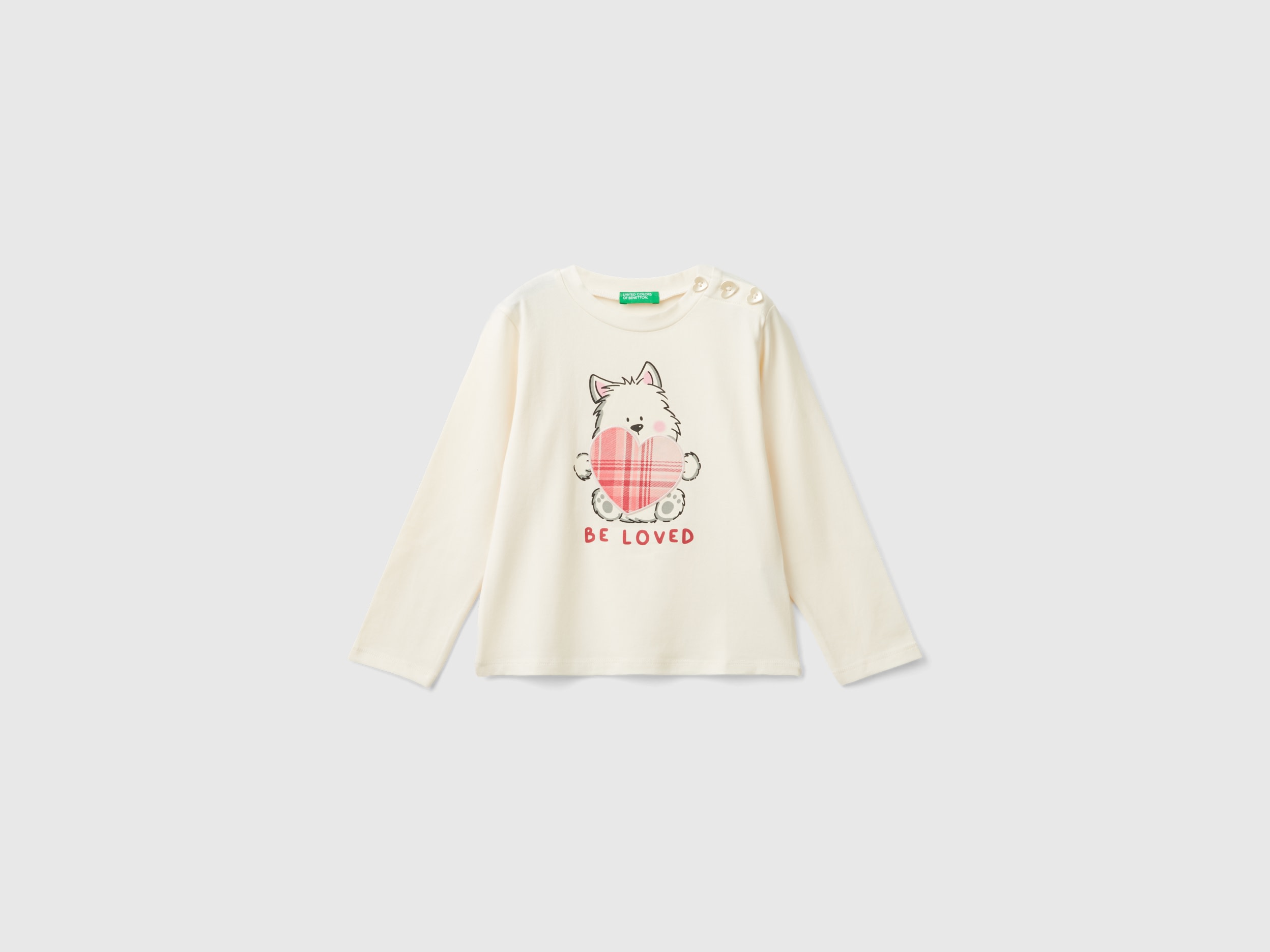 Benetton, Maglietta Con Stampa In Cotone Stretch, Bianco Panna, Bambini