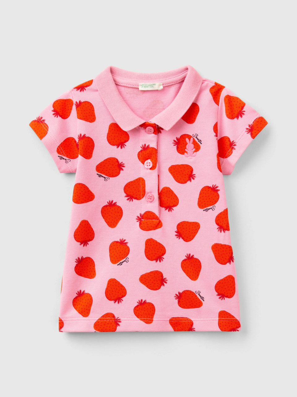 Benetton, Polo Shirt With Strawberry Pattern, Pink, Kids