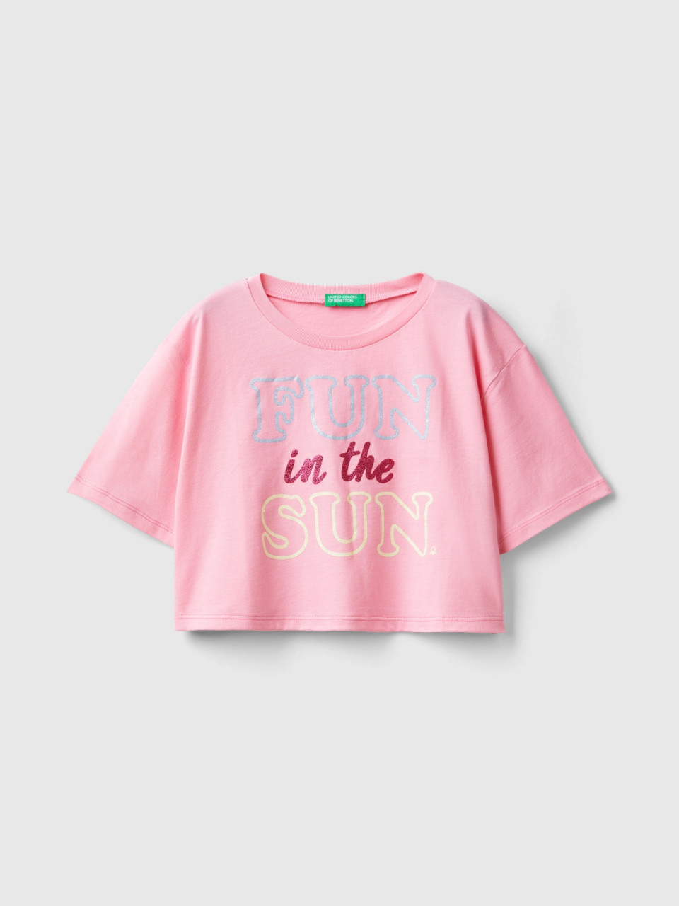 Benetton, T-shirt With Glittery Print, Pink, Kids