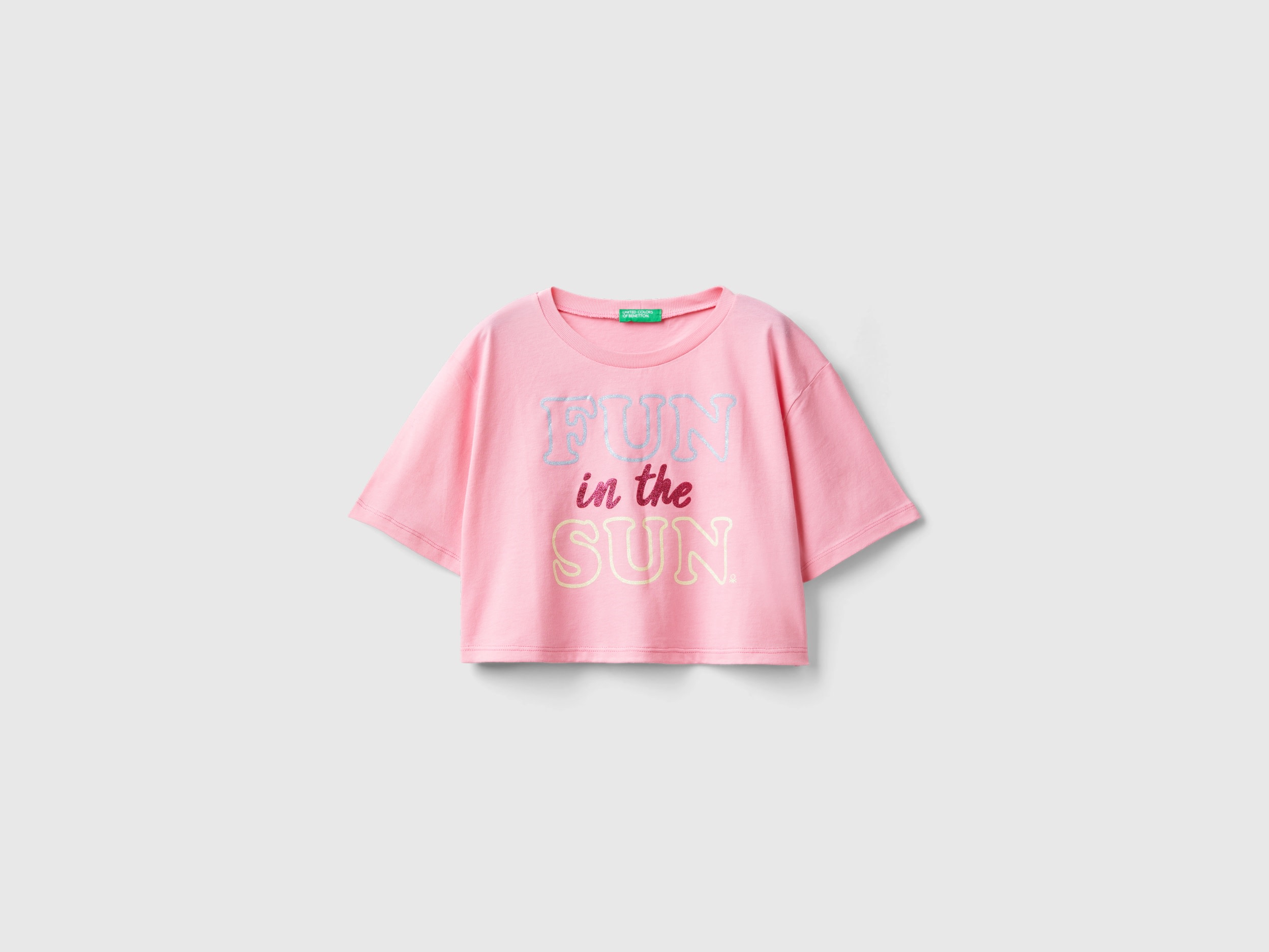 Image of Benetton, T-shirt With Glittery Print, size 2XL, Pink, Kids