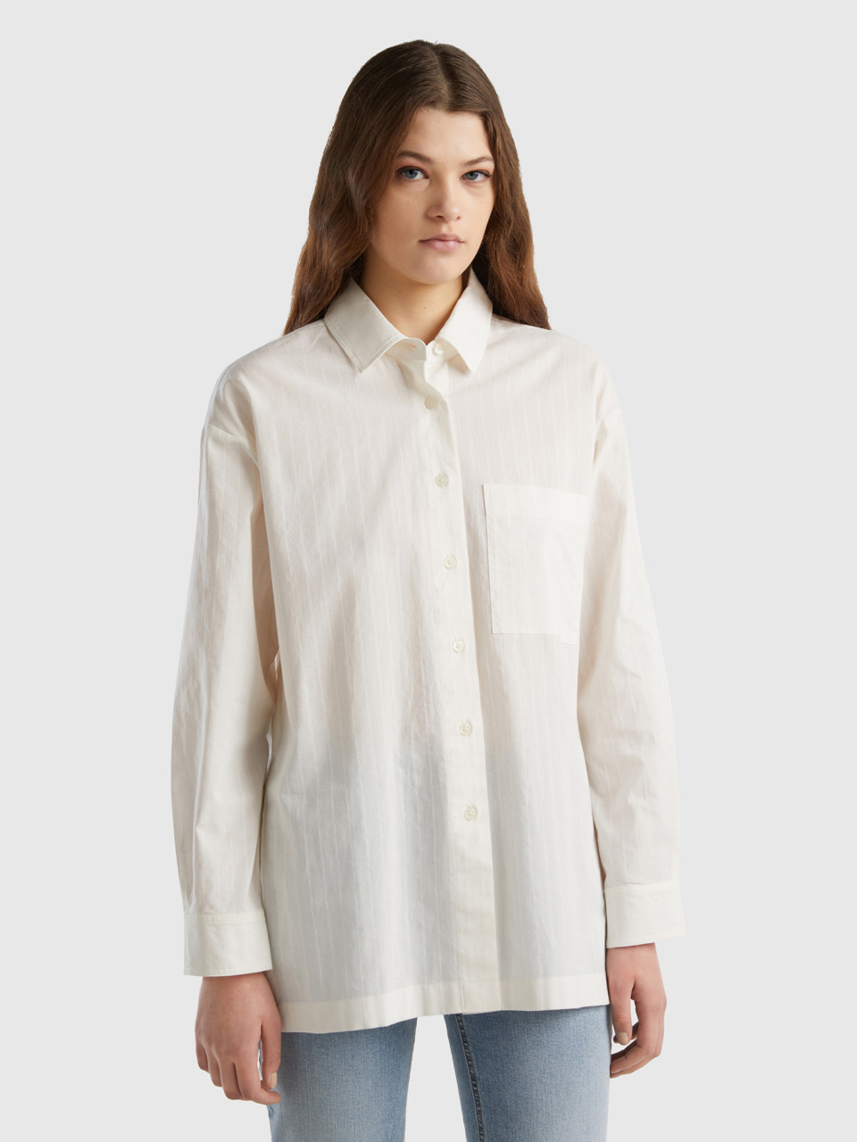 Benetton, Lightweight Oversized Shirt With Slits, Creamy White, Women