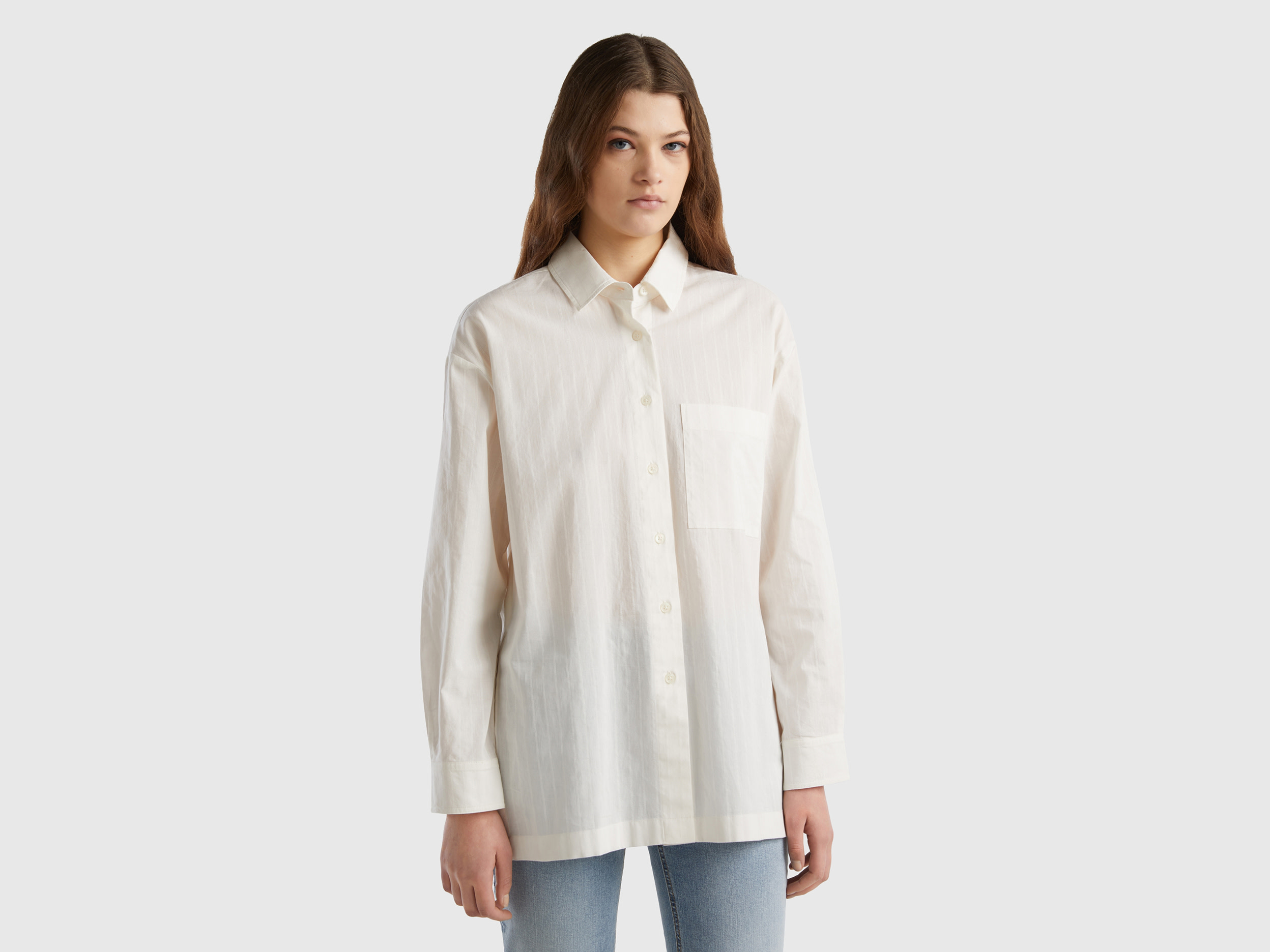 Image of Benetton, Lightweight Oversized Shirt With Slits, size M, Creamy White, Women
