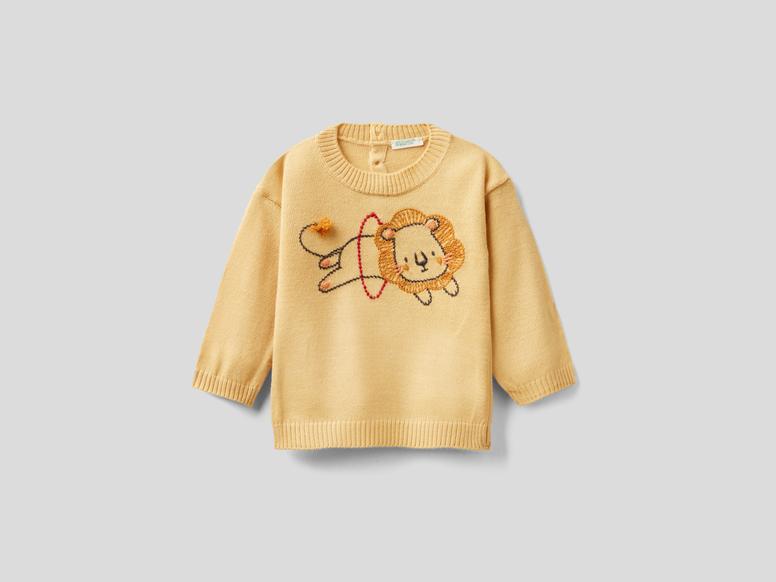 Benetton, Crew Neck Sweater With Embroidery, Taglia 0-1, Yellow, Kids