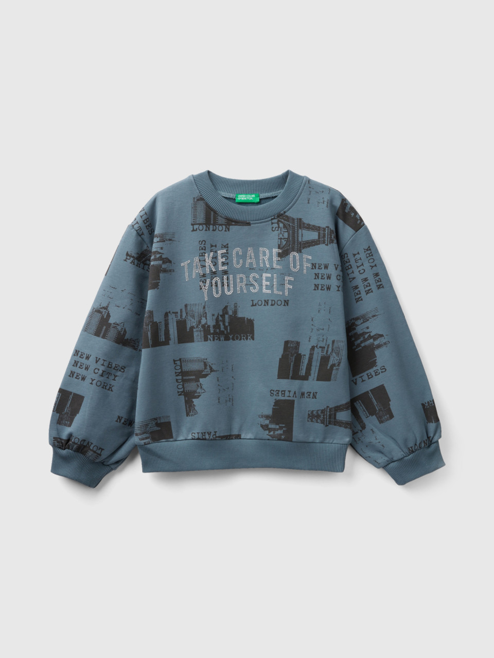 Benetton, Sweatshirt With City Print And Studs, Teal, Kids