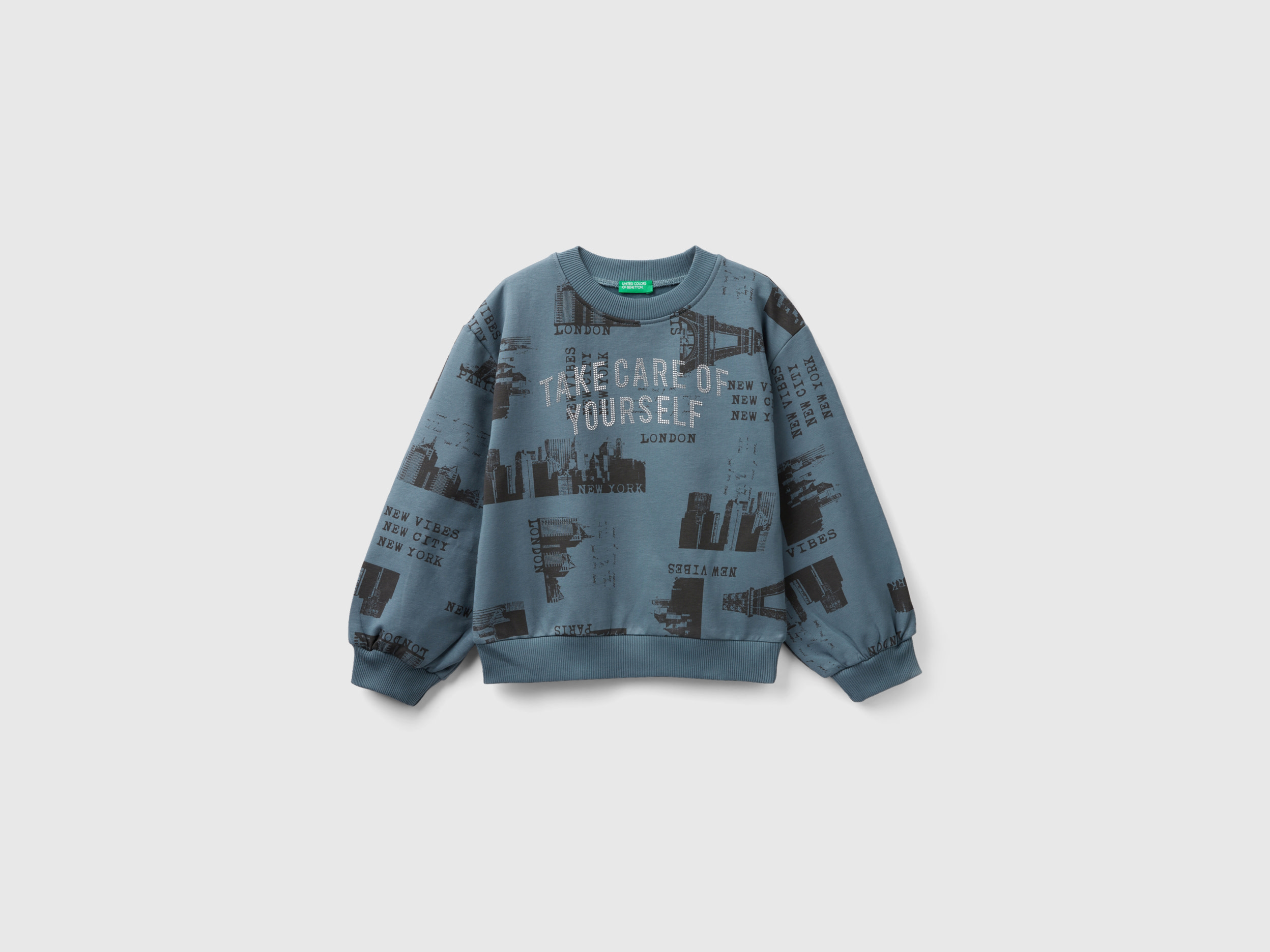 Benetton, Sweatshirt With City Print And Studs, size L, Teal, Kids