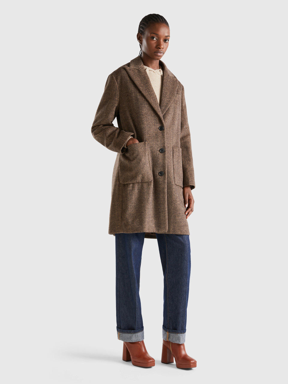 Benetton, Short Coat In Wool Blend, Brown, Women
