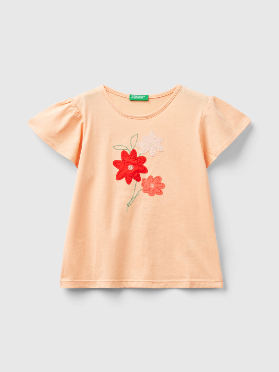 Benetton, T-shirt With Floral Embroidery, Peach, Kids