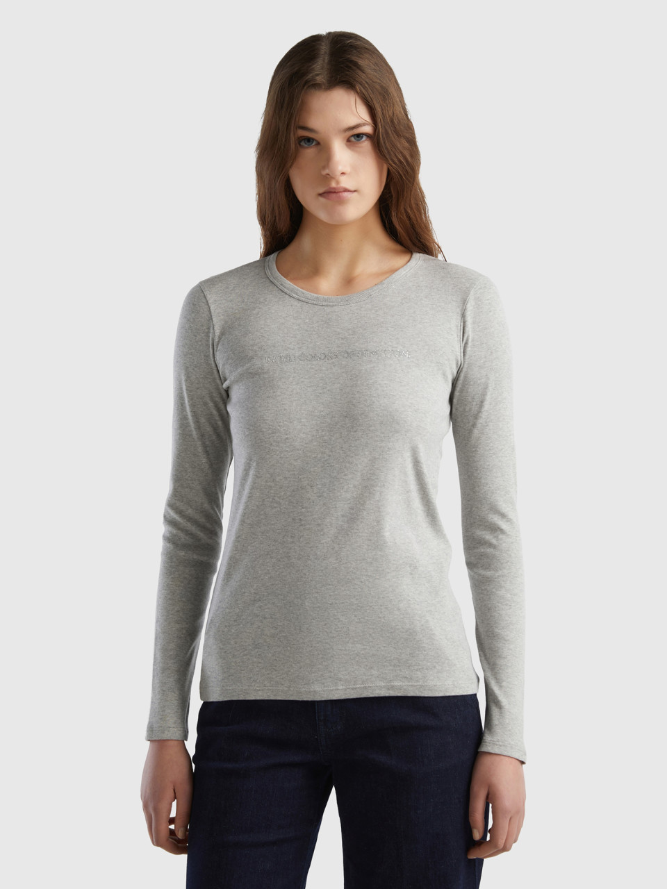 Benetton, Long Sleeve Gray T-shirt In 100% Cotton, Light Gray, Women