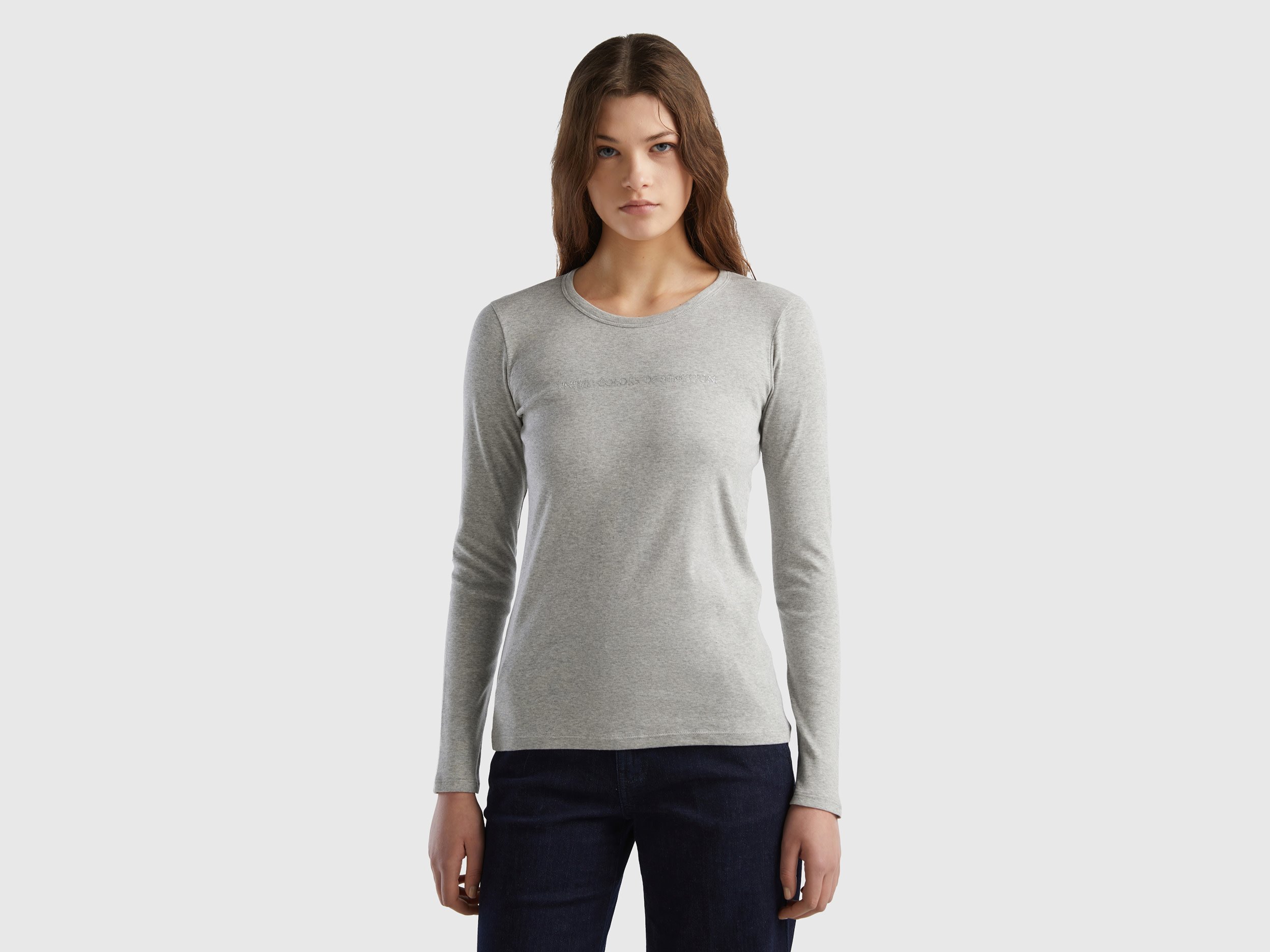 Benetton, Long Sleeve Gray T-shirt In 100% Cotton, size S, Light Gray, Women