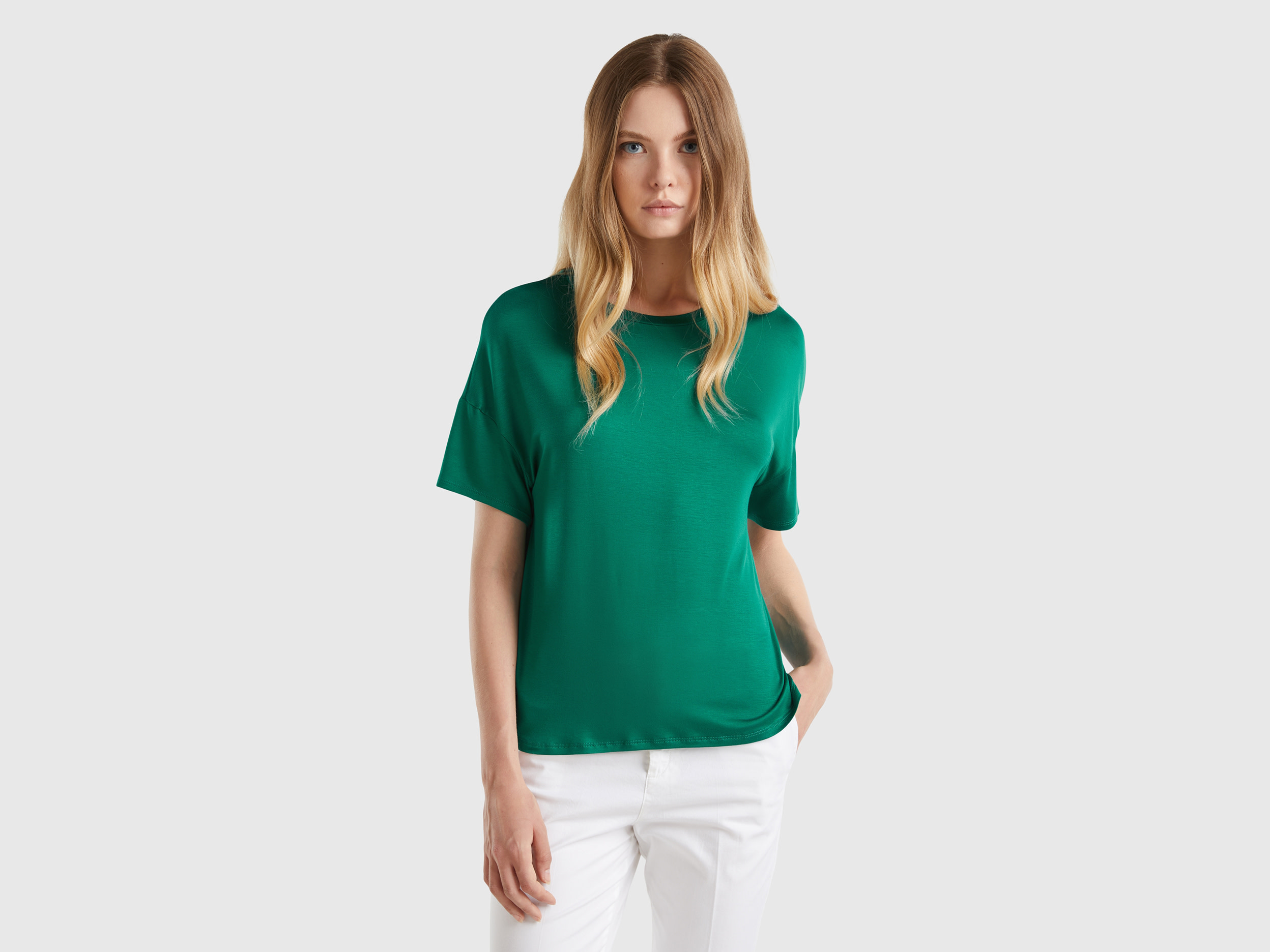 Benetton, T-shirt In Viscosa Sostenibile Stretch, Verde Scuro, Donna
