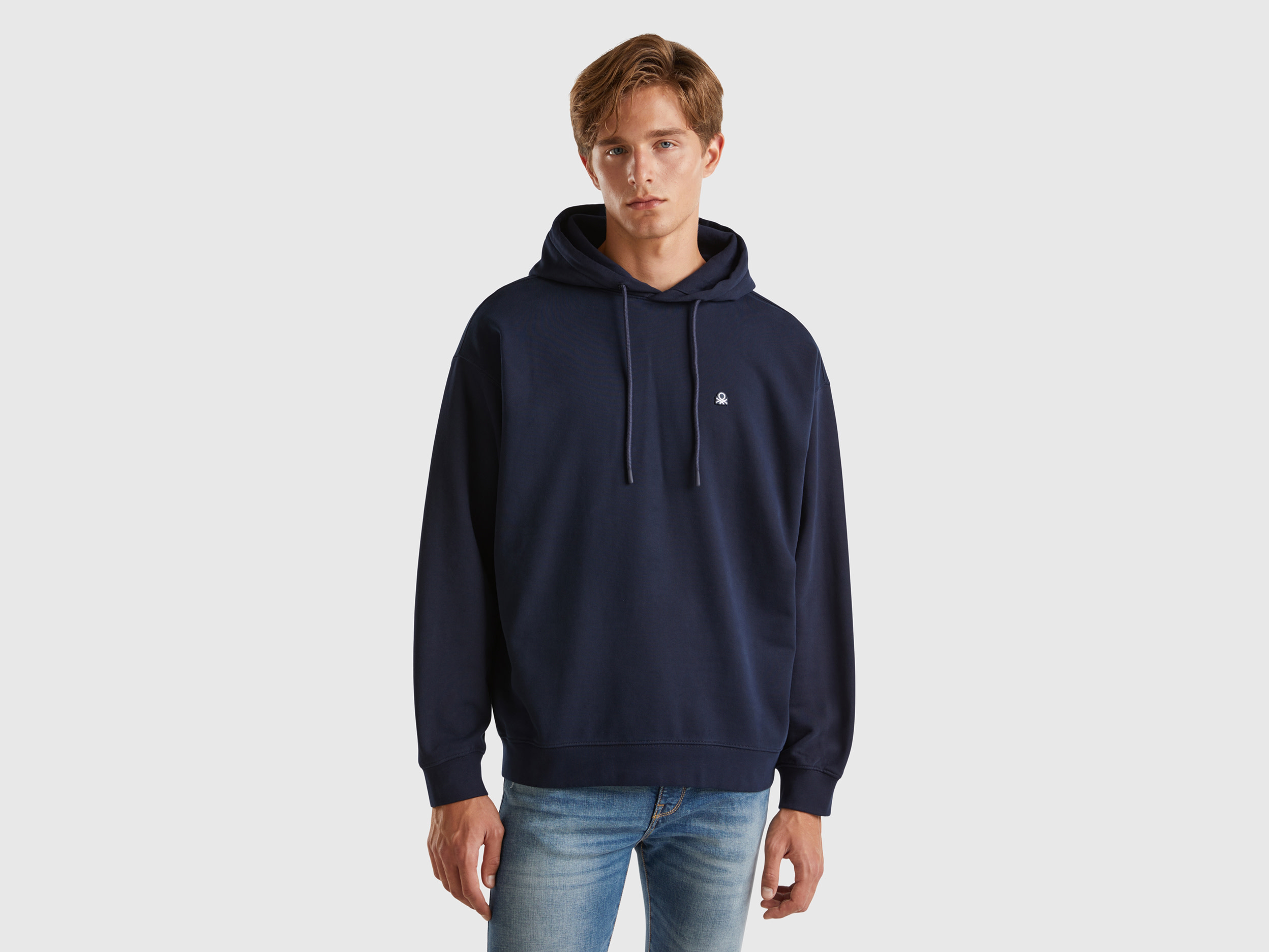 Benetton, Felpa 100% Cotone Con Cappuccio, Blu Scuro, Uomo