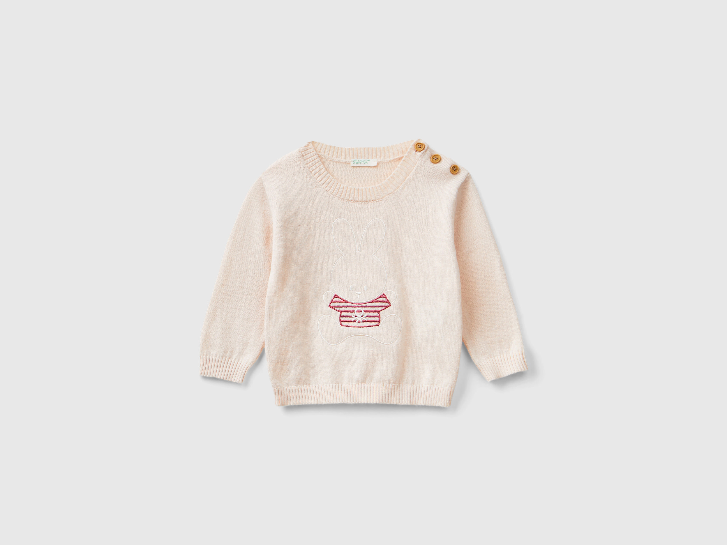 Benetton, Maglia In Misto Lana Con Ricamo, Rosa Tenue, Bambini