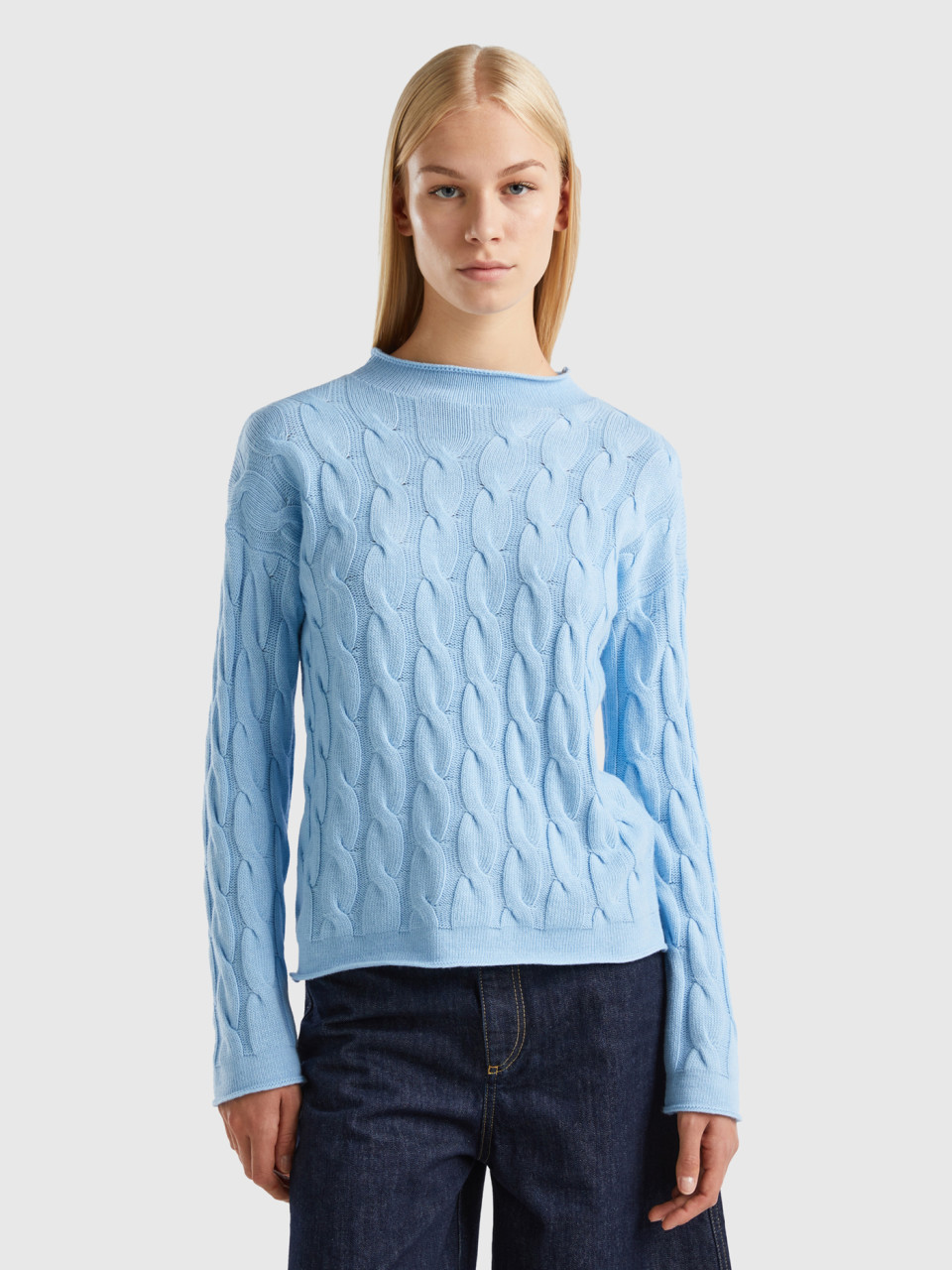 Benetton, Cable Knit Sweater, Light Blue, Women