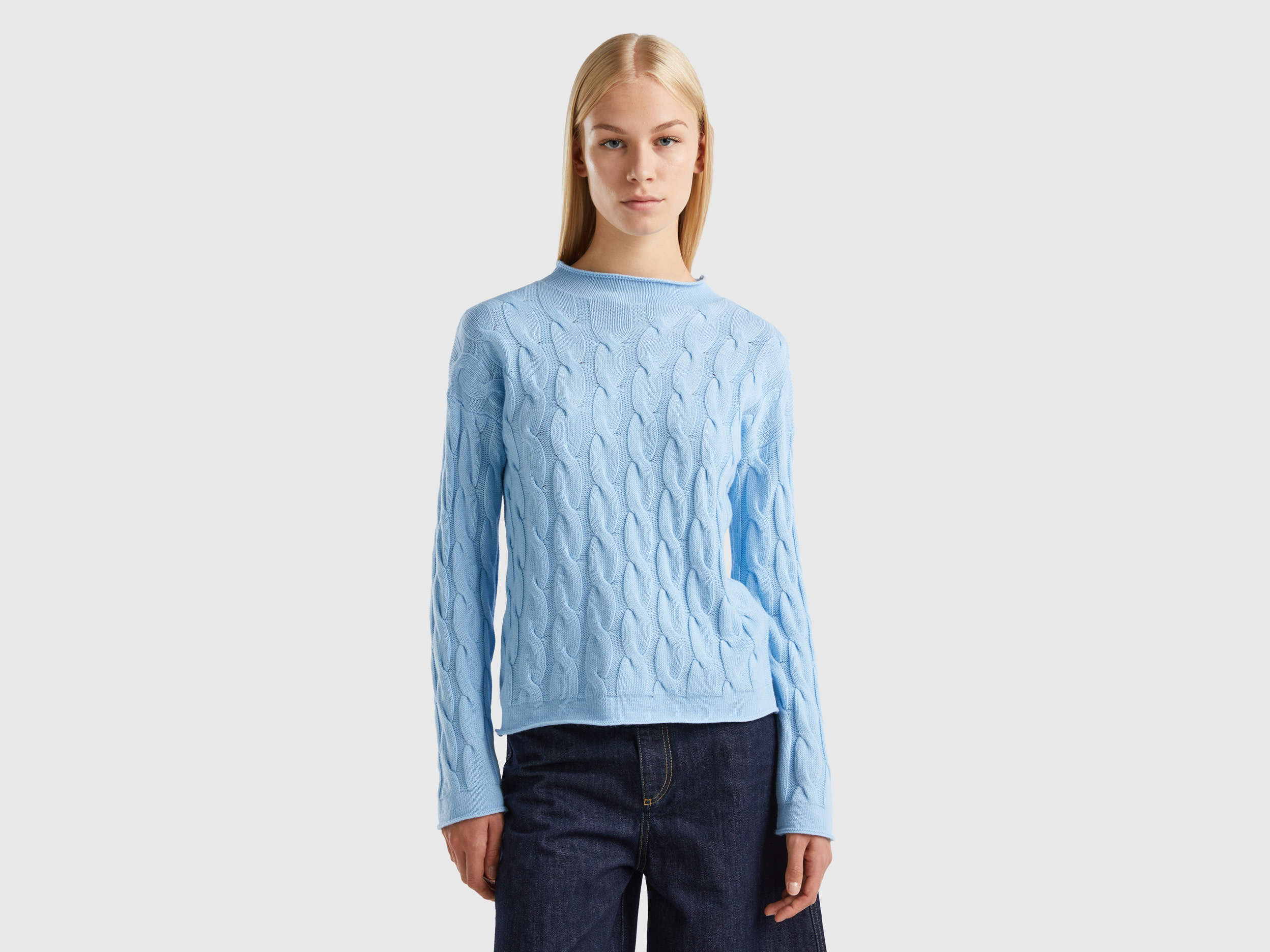Benetton, Cable Knit Sweater, size L, Light Blue, Women