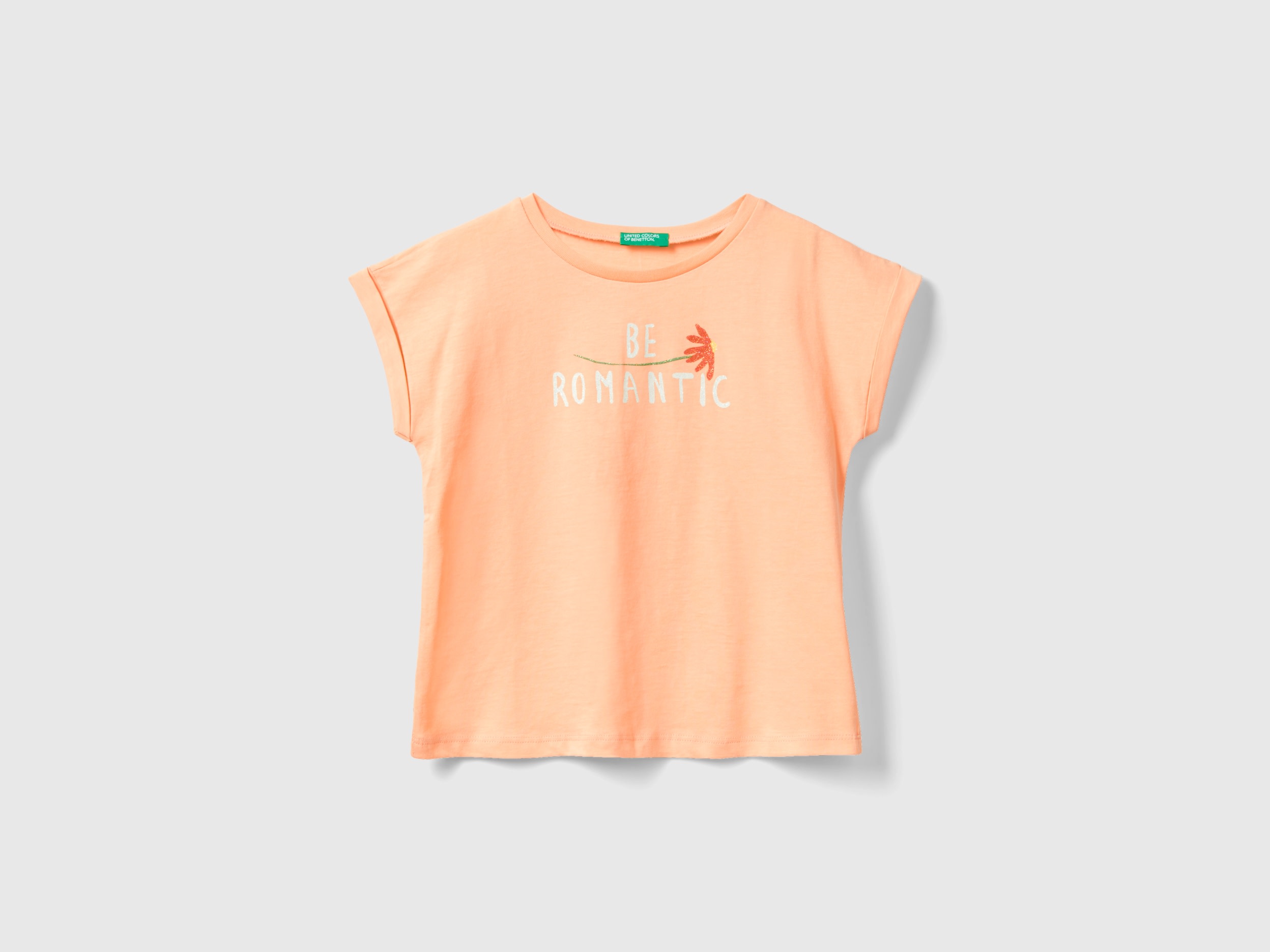 Image of Benetton, Regular Fit T-shirt In Organic Cotton, size S, Peach, Kids