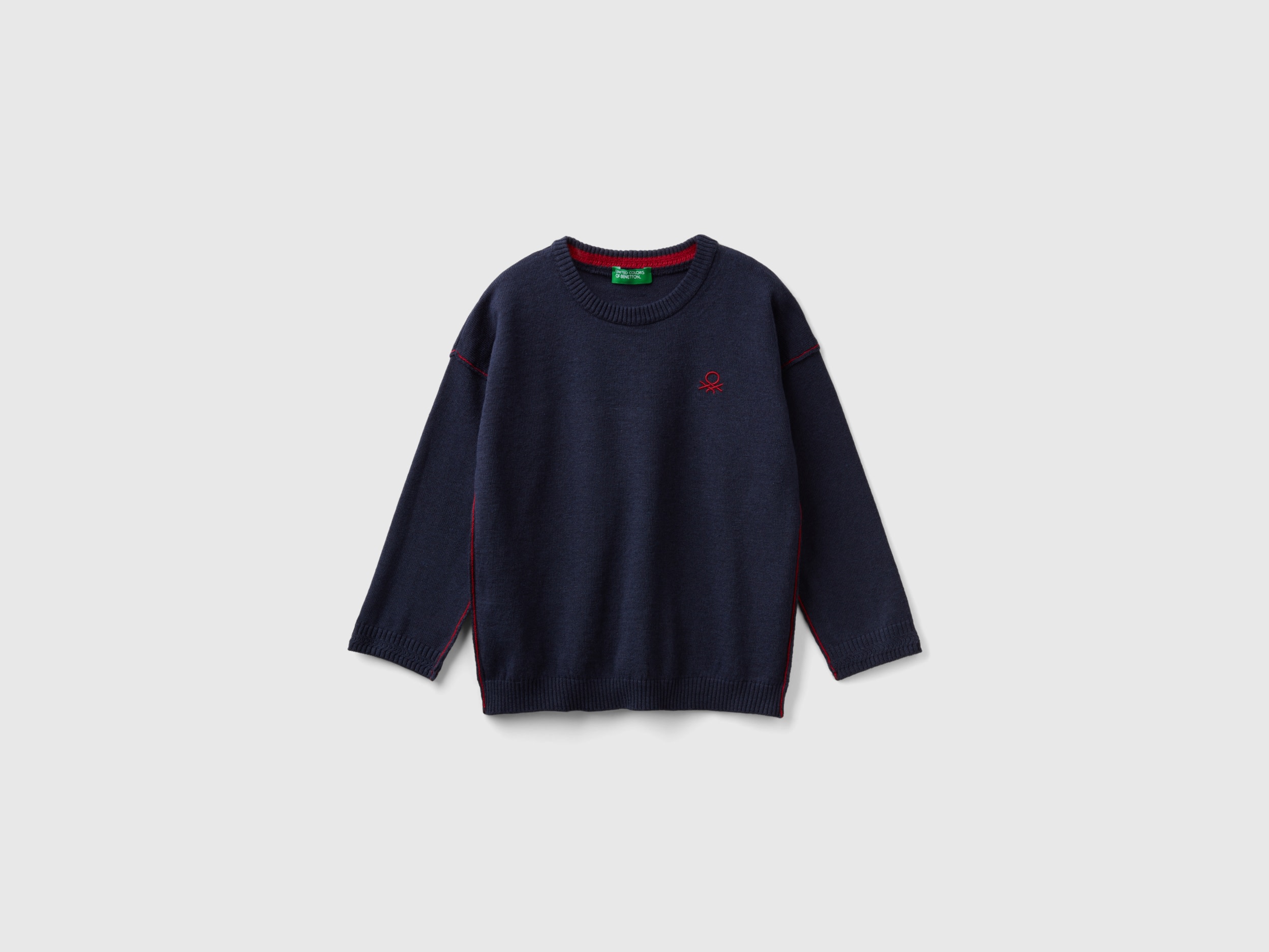 Benetton, Maglia Girocollo Con Ricamo, Blu, Bambini