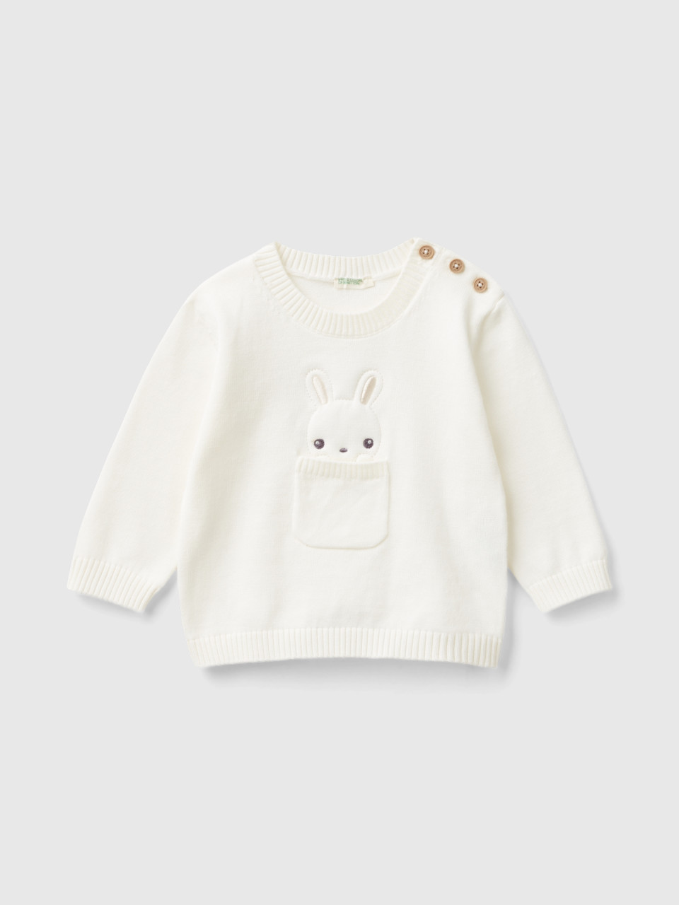 Benetton, T-shirt With Pocket And Bunny, Creamy White, Kids