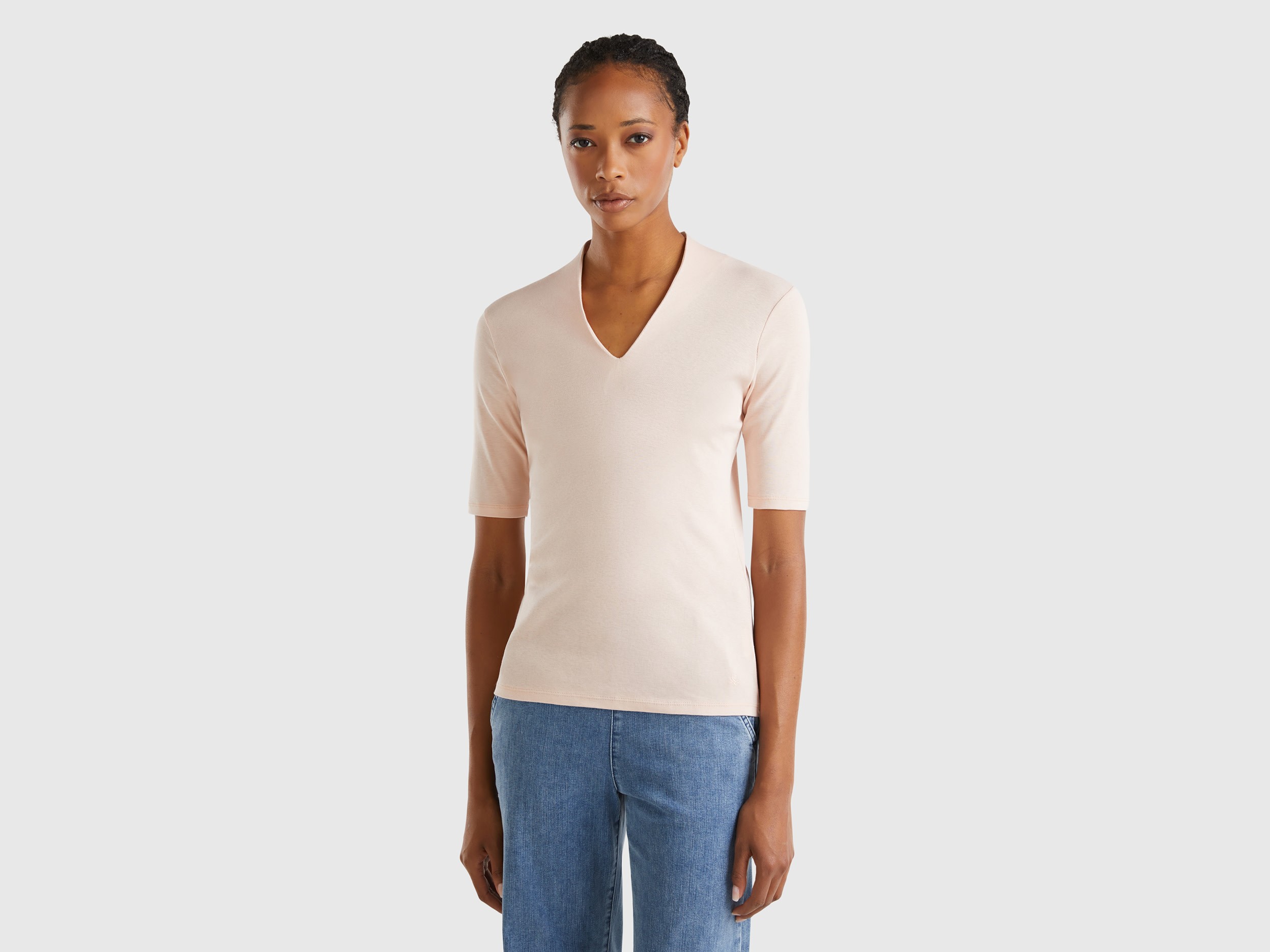 Benetton, T-shirt Slim Fit In Cotone A Fibra Lunga, Rosa Tenue, Donna