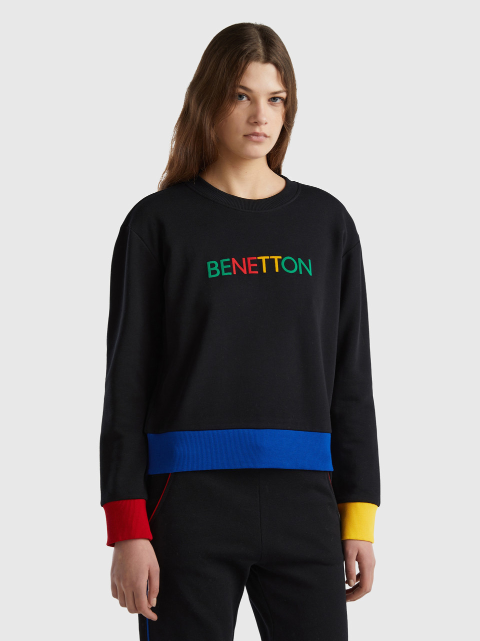 Benetton, Sudadera De 100 % Algodón Con Estampado De Logotipo, Negro, Mujer