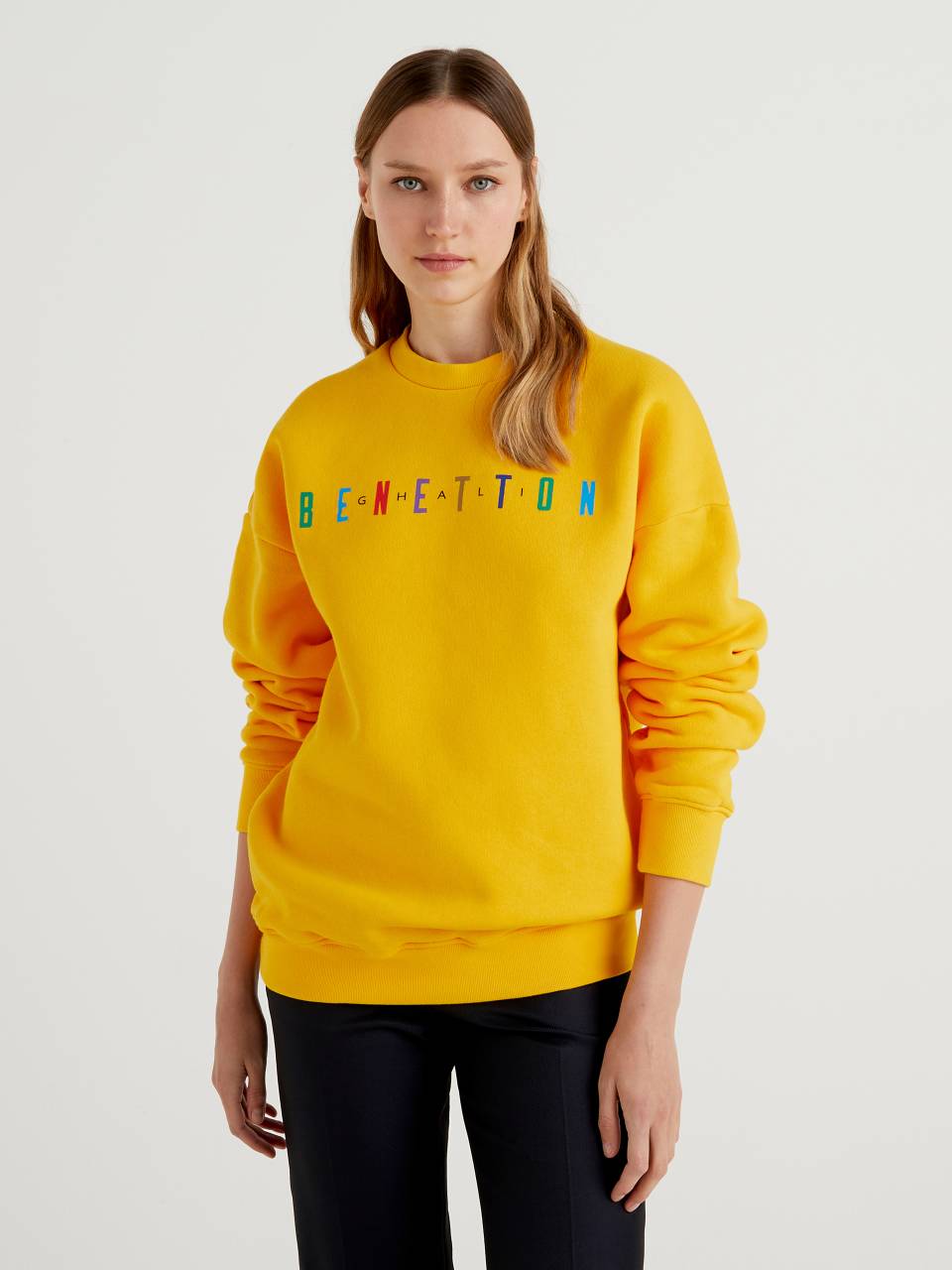 Benetton Yellow crew neck sweatshirt with print by Ghali. 1