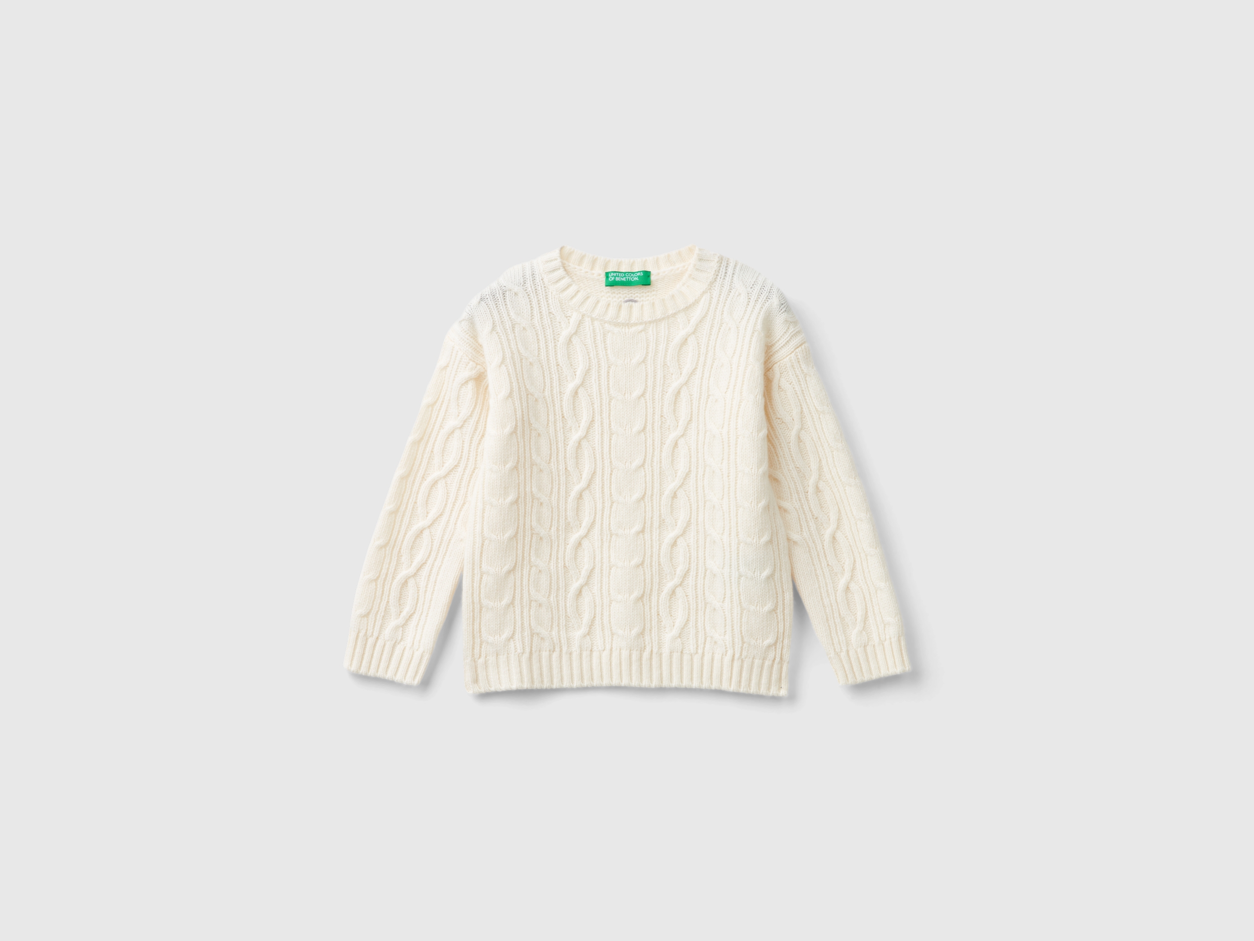 Benetton, Pullover Mit Zopfmuster Aus Mischwolle, size 98, Cremeweiss, male