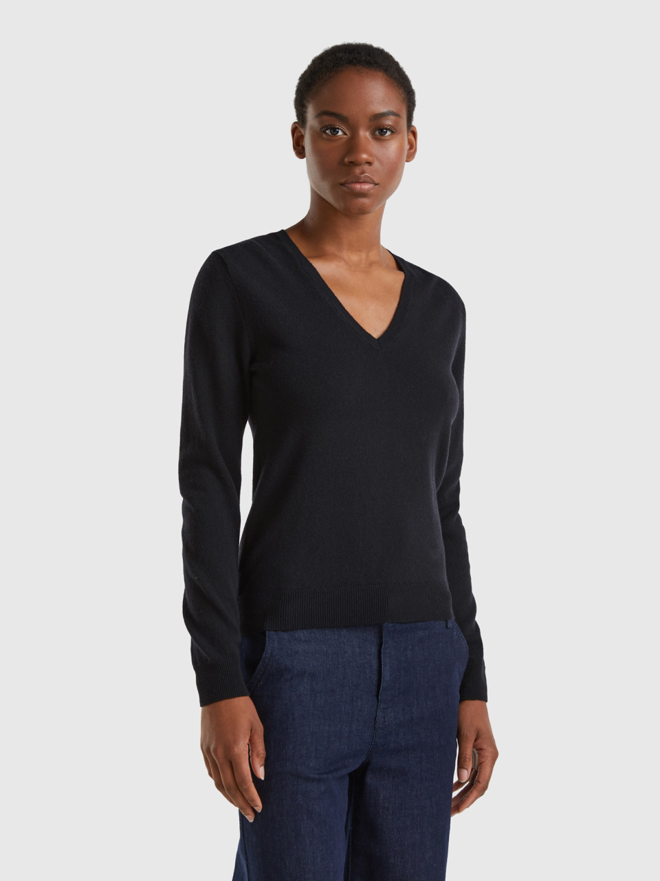 Benetton, Black V-neck Sweater In Pure Merino Wool, Black, Women