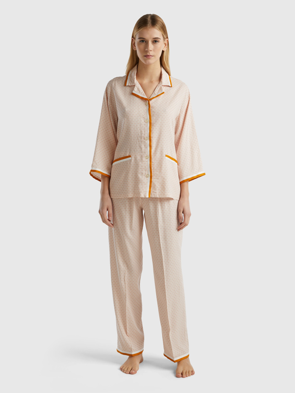 Benetton, Pijama De Viscosa Sostenible Con Monograma, Rosa Palo, Mujer