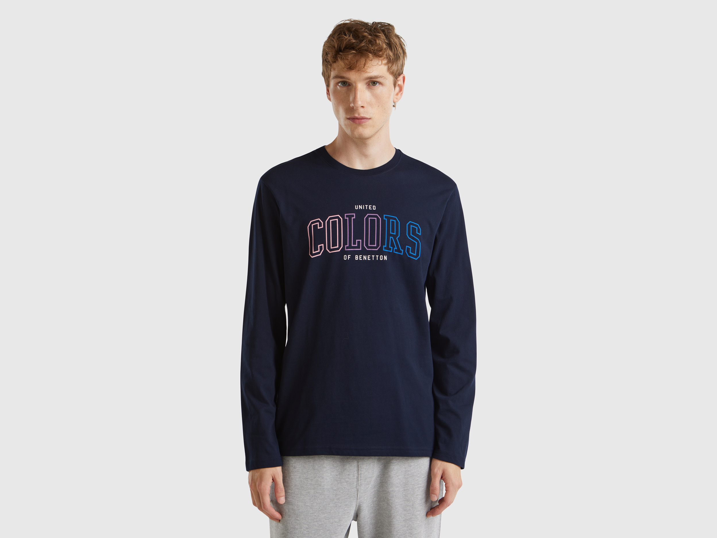 Benetton, Maglietta Manica Lunga Con Stampa Logo, Blu Scuro, Uomo