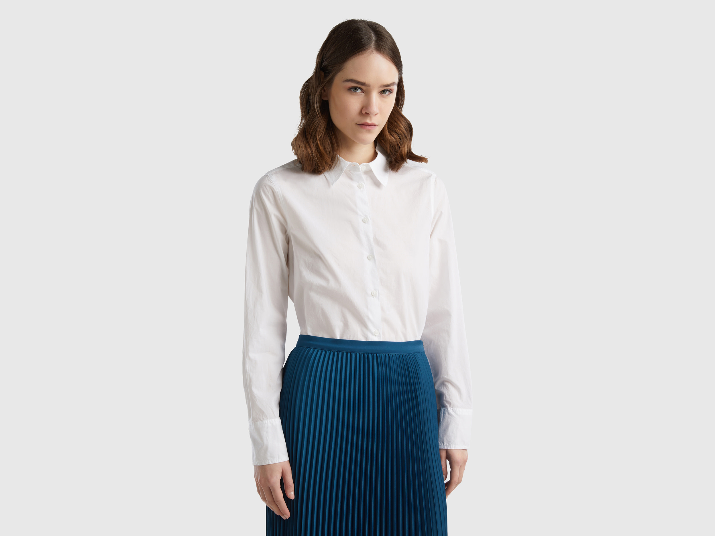 Benetton, Camicia Regular Fit In Cotone Leggero, Bianco, Donna