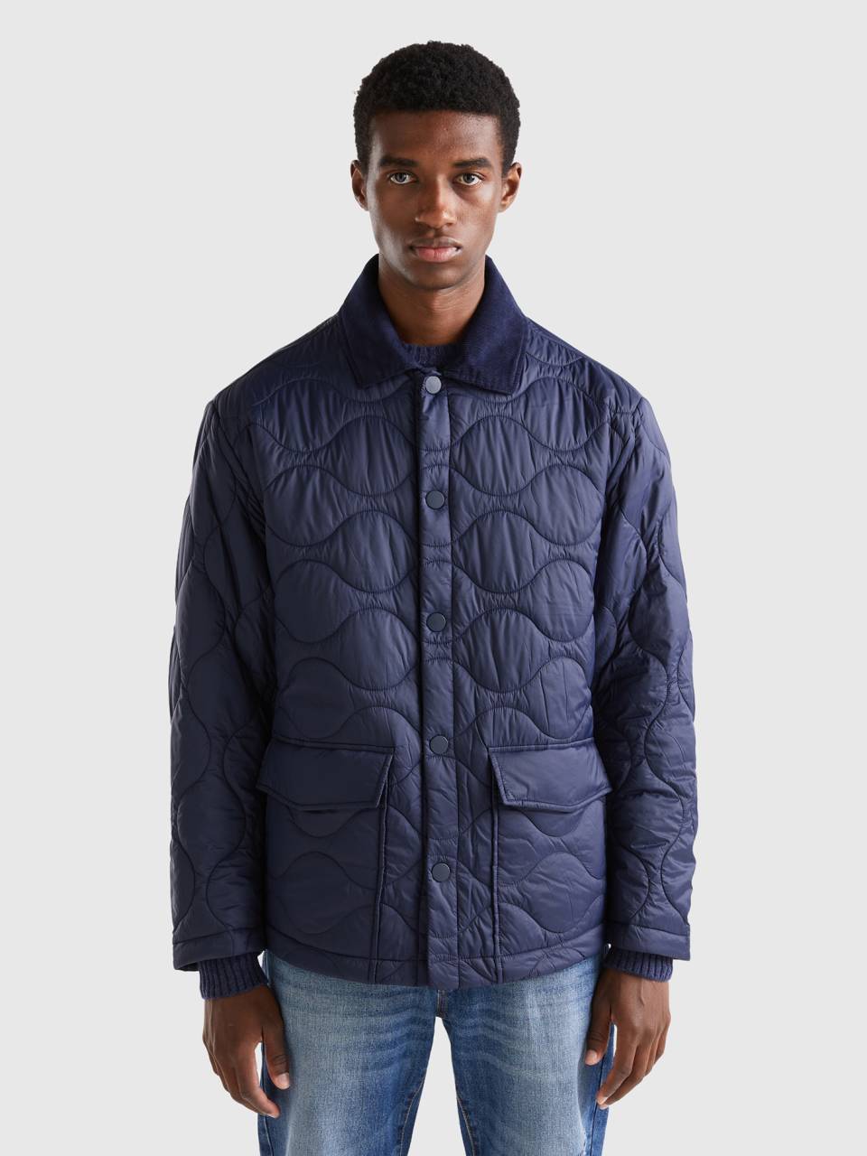 Quilted jacket with collar - Dark Blue | Benetton