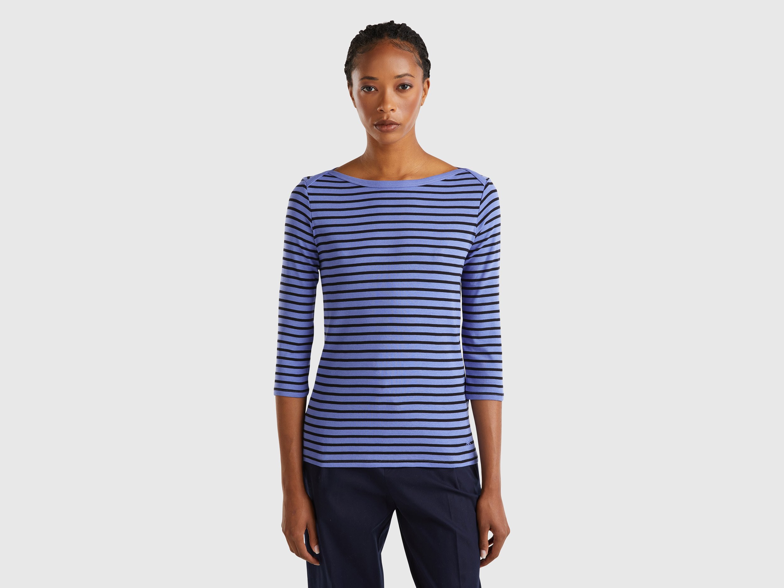 Benetton, T-shirt Manica 3/4 A Righe In Puro Cotone, Pervinca, Donna