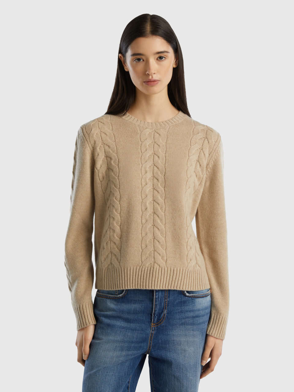 Benetton, Cable Knit Sweater In Pure Cashmere, Beige, Women