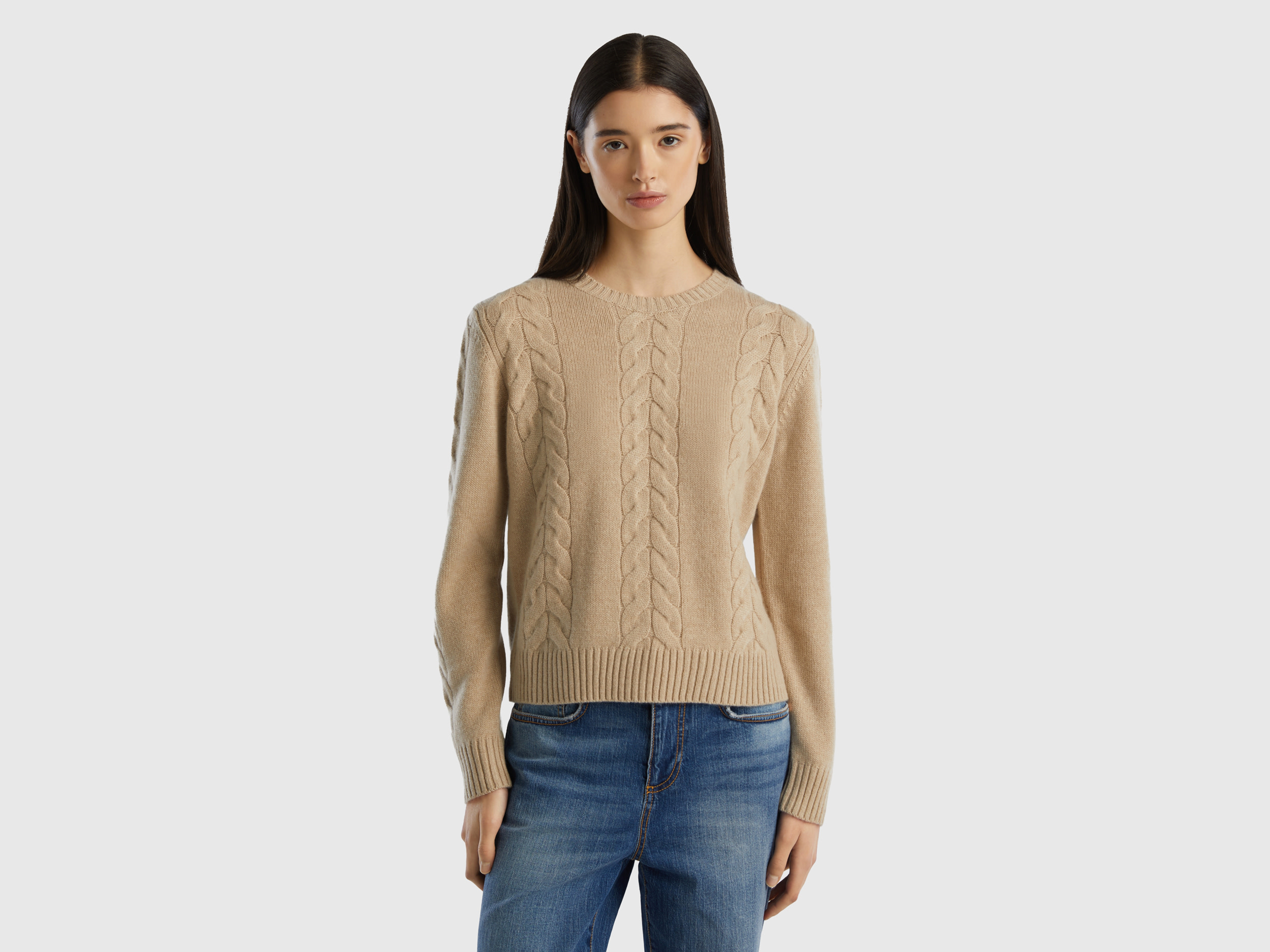 Benetton, Cable Knit Sweater In Pure Cashmere, size S, Beige, Women