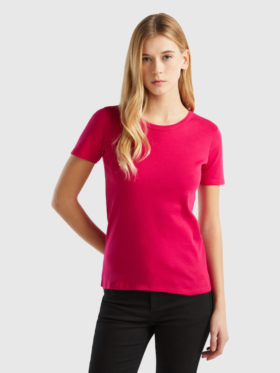 Benetton, T-shirt En Coton Longues Fibres, Cyclamen, Femme