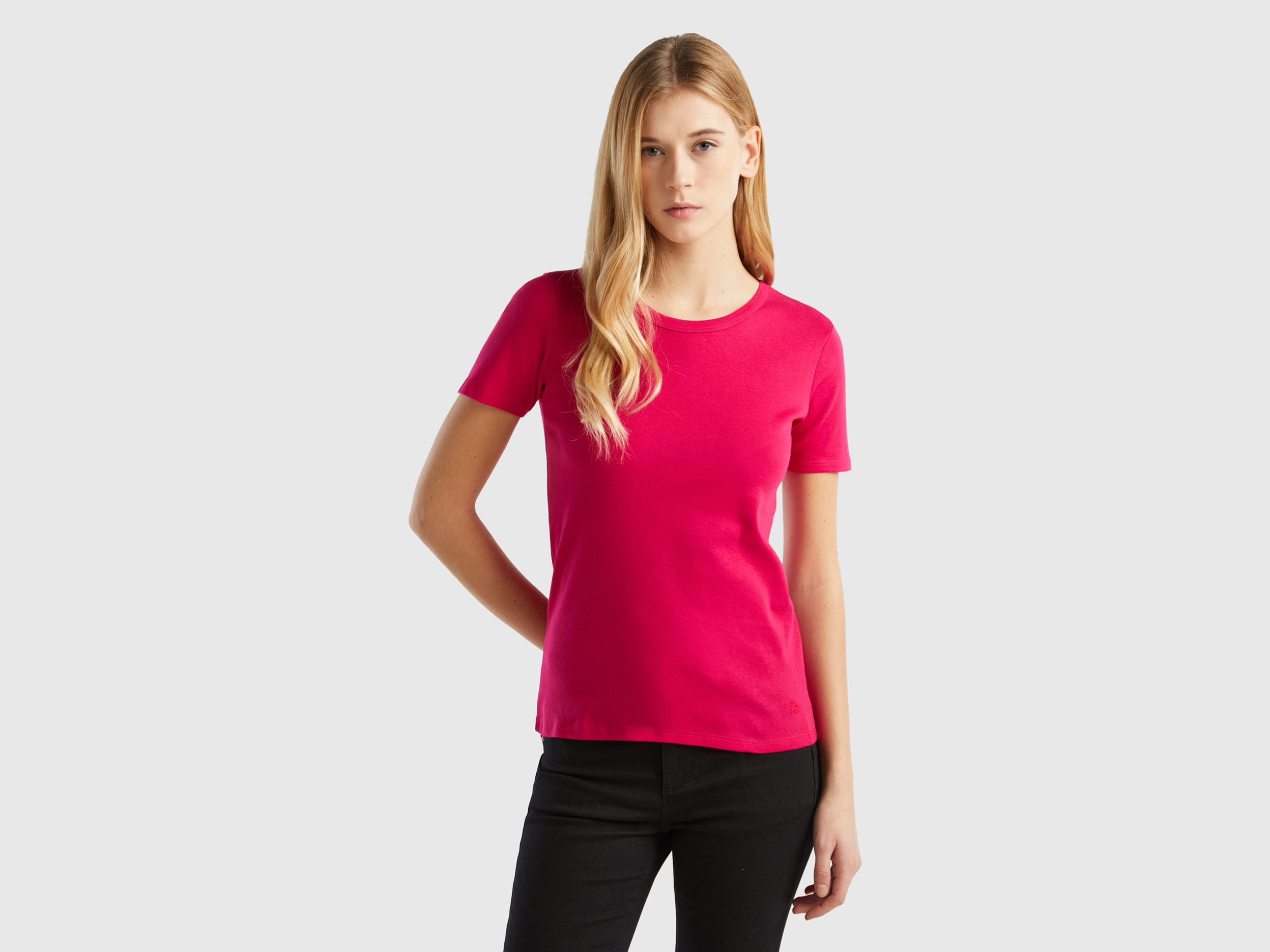 Benetton, T-shirt In Cotone A Fibra Lunga, Ciclamino, Donna