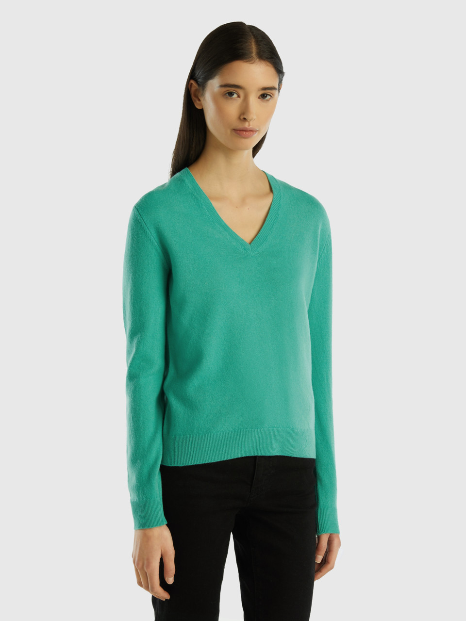Benetton, Light Green V-neck Sweater In Pure Merino Wool, Light Green, Women