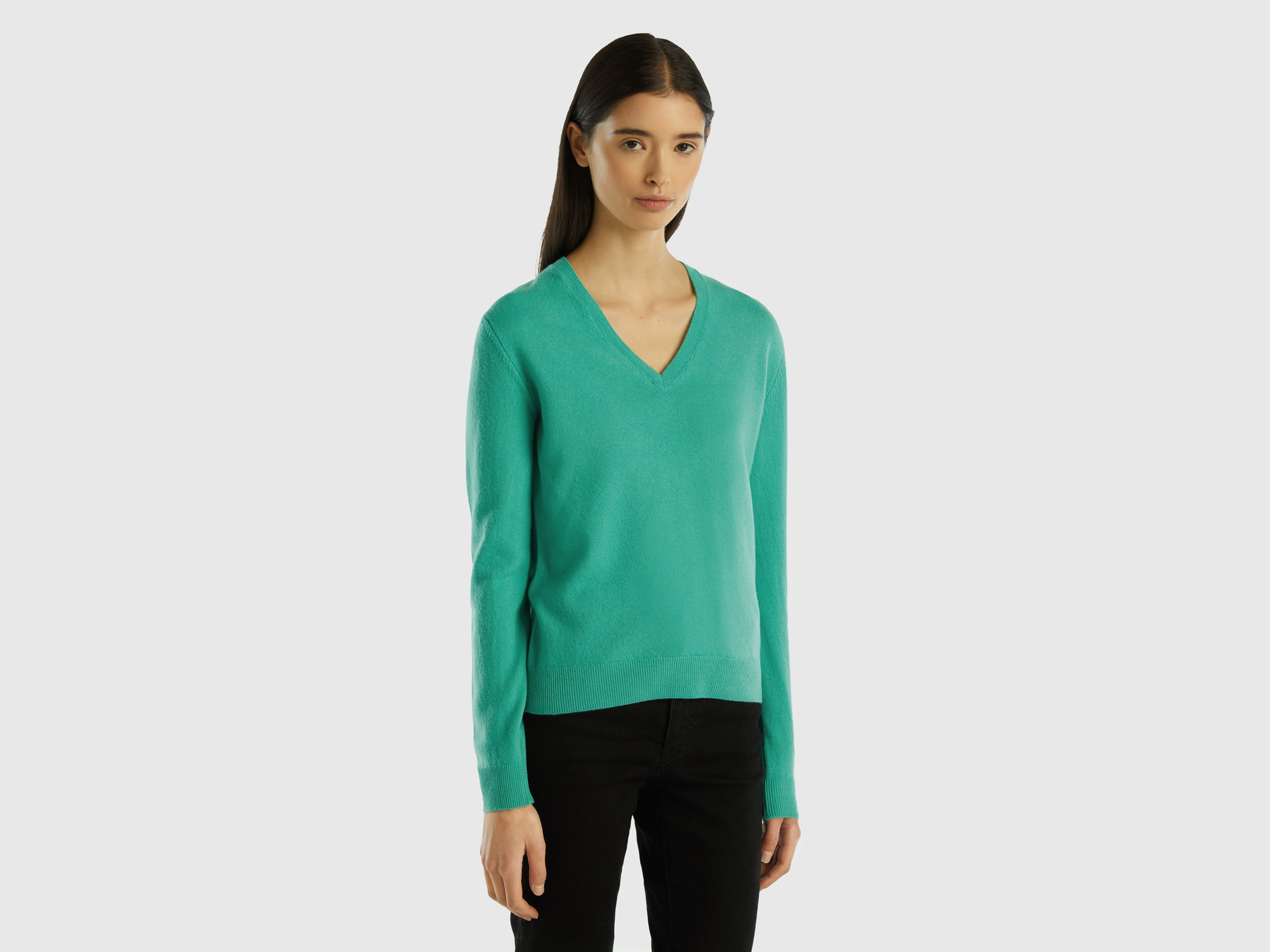 Benetton, Light Green V-neck Sweater In Pure Merino Wool, size XS, Light Green, Women
