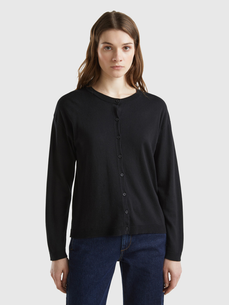 Benetton, Crew Neck Cardigan With Buttons, Black, Women