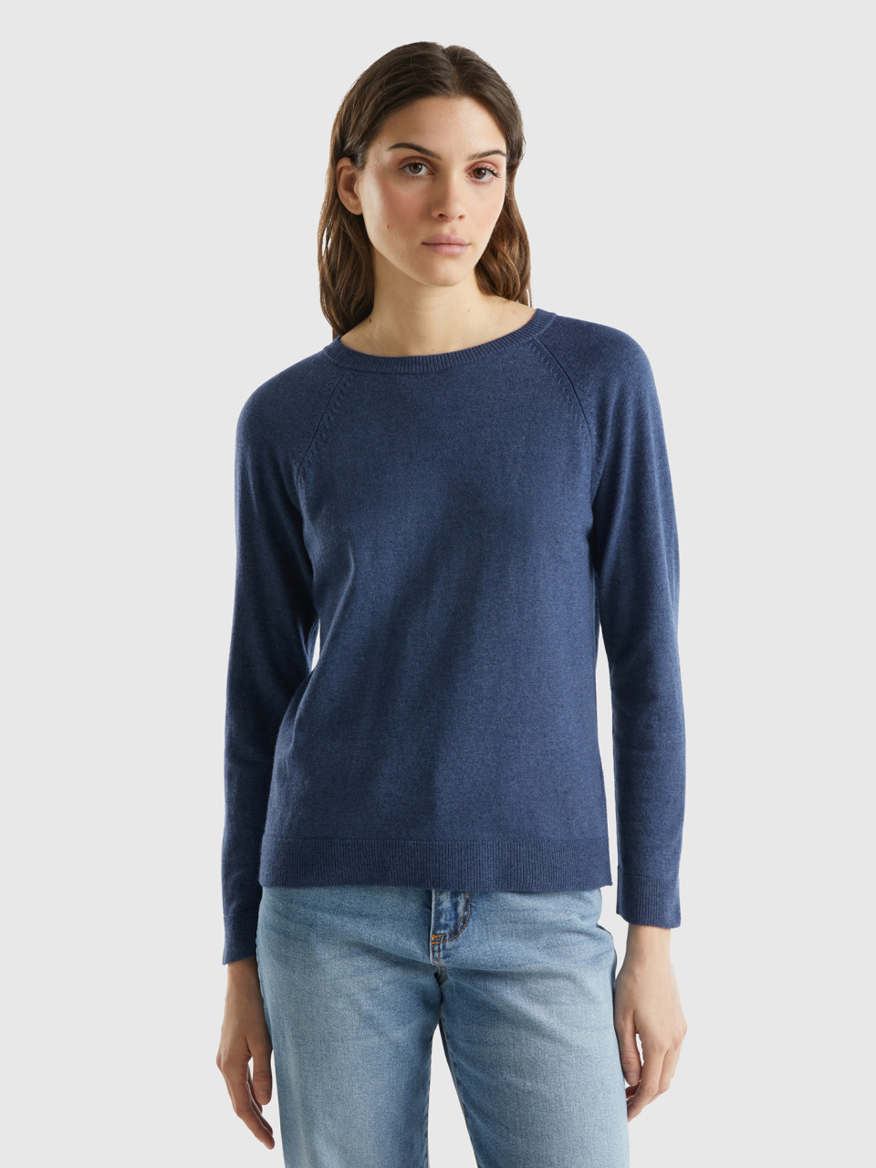 Benetton, Air Force Blue Crew Neck Sweater In Cashmere And Wool Blend, Air Force Blue, Women
