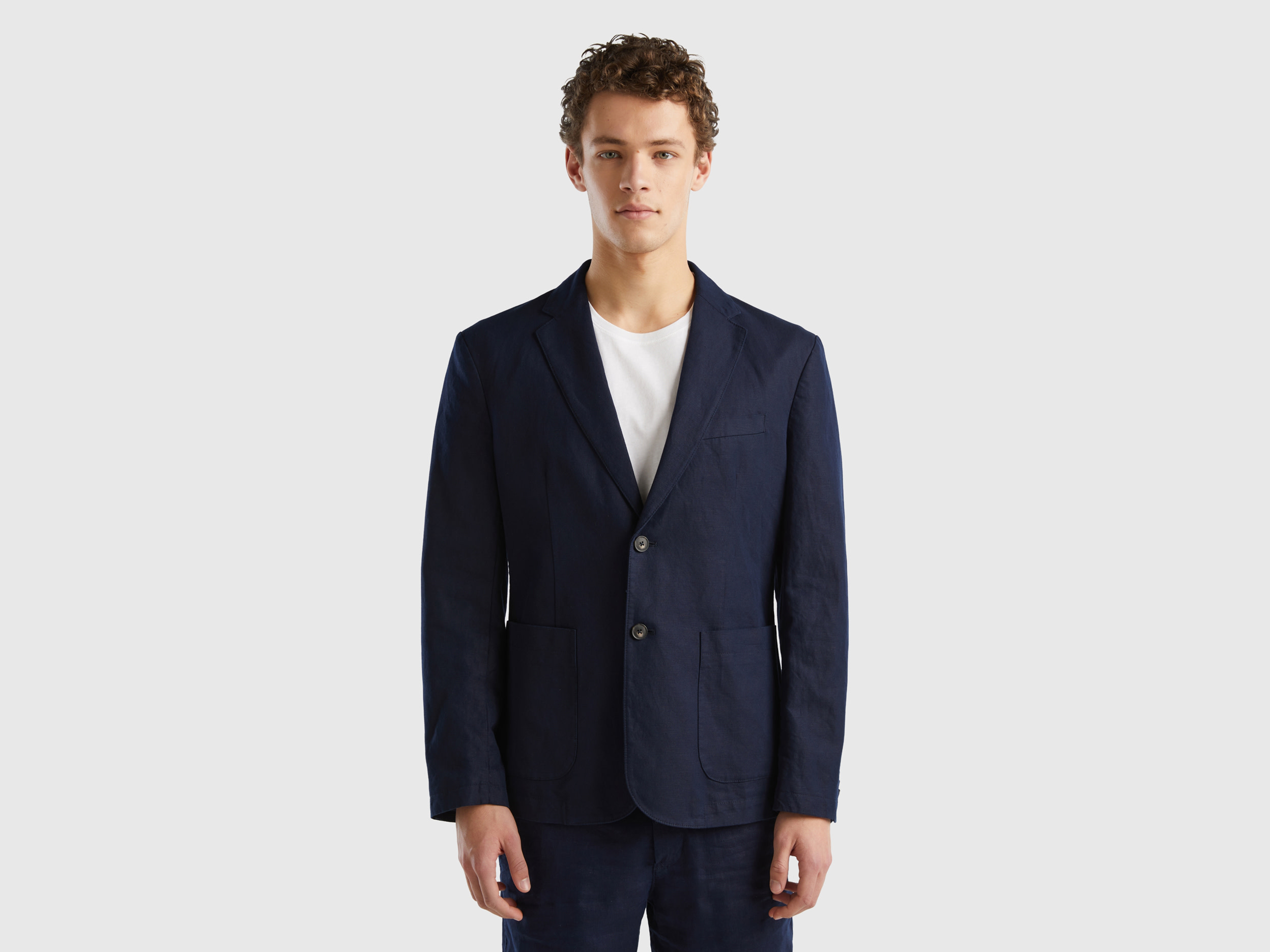 Benetton, Blazer Slim Fit In Misto Lino, Blu Scuro, Uomo