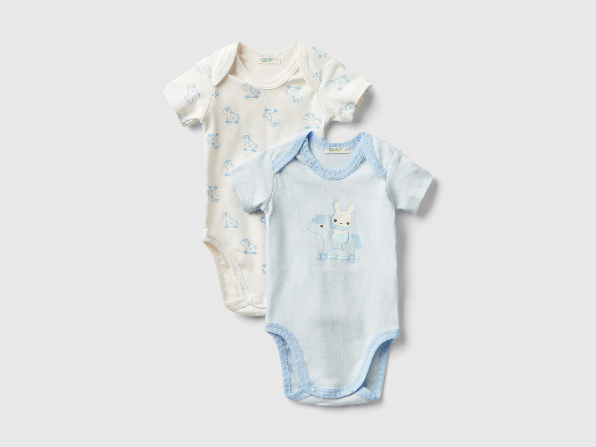 Image of Benetton, Two Short Sleeve Bodysuits In Organic Cotton, size 62, Light Blue, Kids
