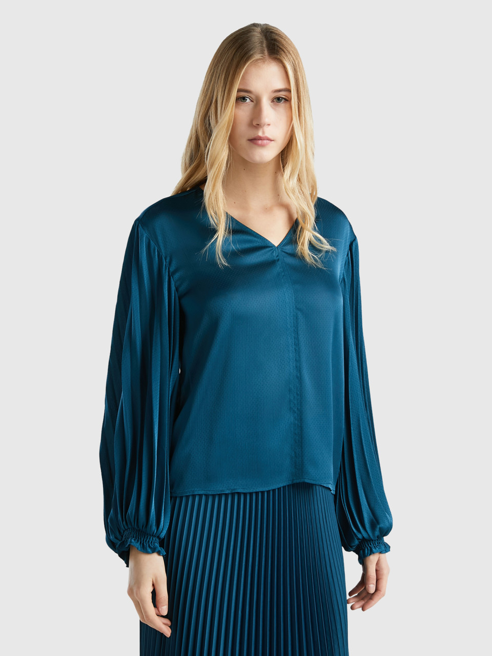 Benetton, Blouse With Long Pleated Sleeves, Teal, Women